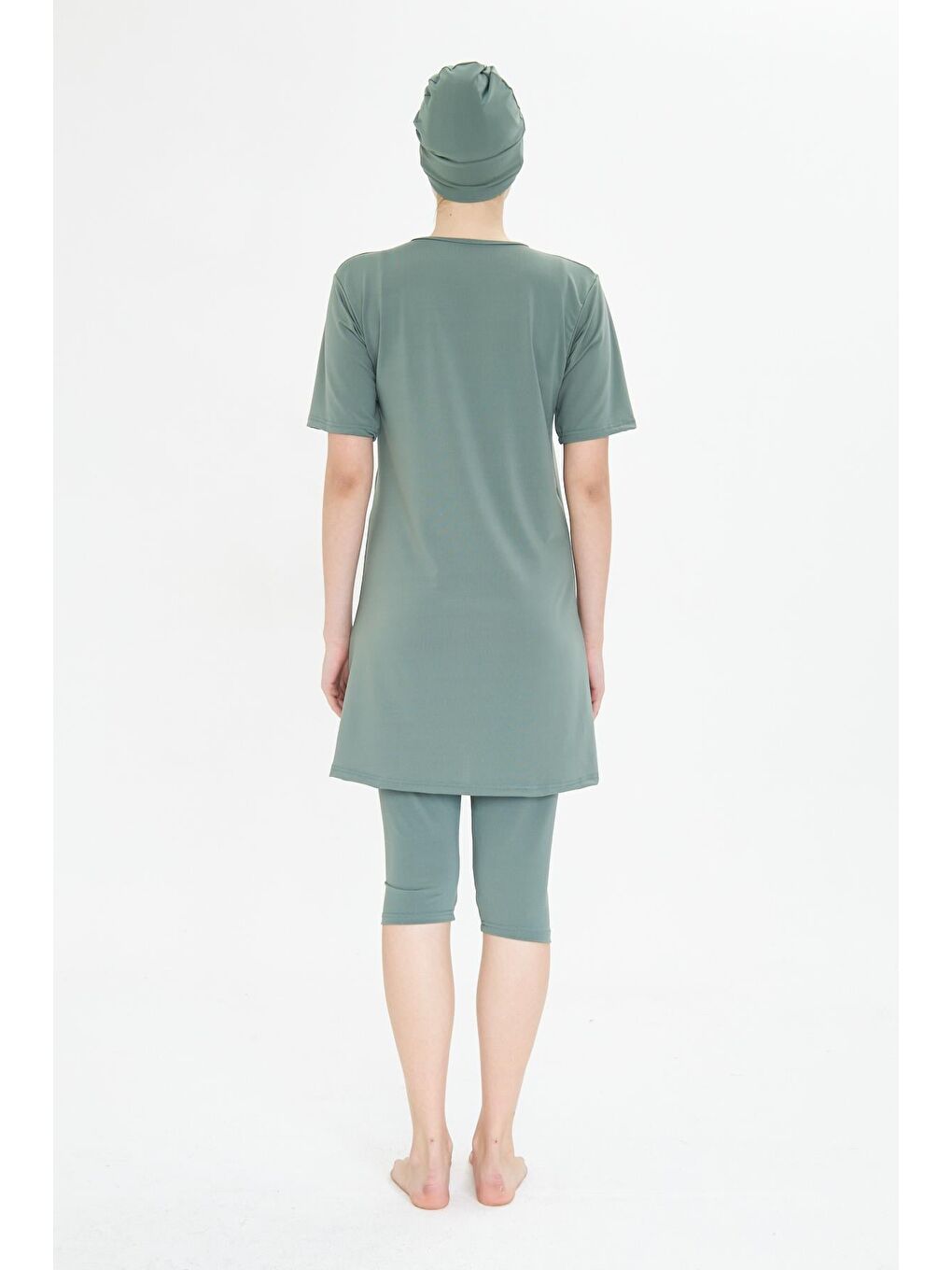 Lacivert Büyük Beden Kısa Kollu Elastanlı Yarı Kapalı Tesettür Mayo Yeşil 3484B-Y-6