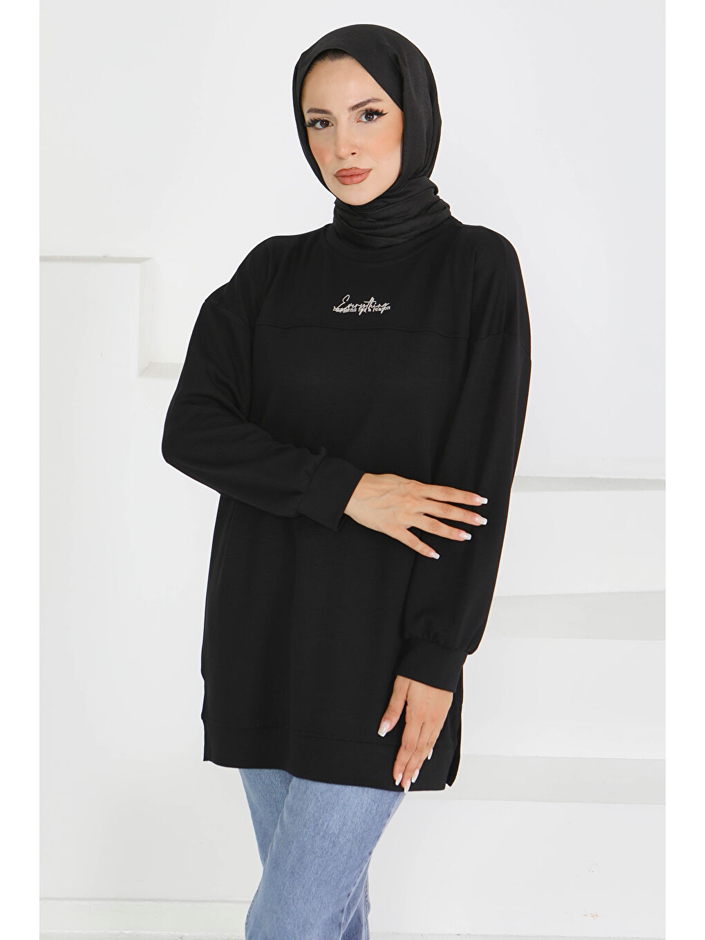 Önü Baskılı Biyeli  Sweatshirt Siyah - 27609-3