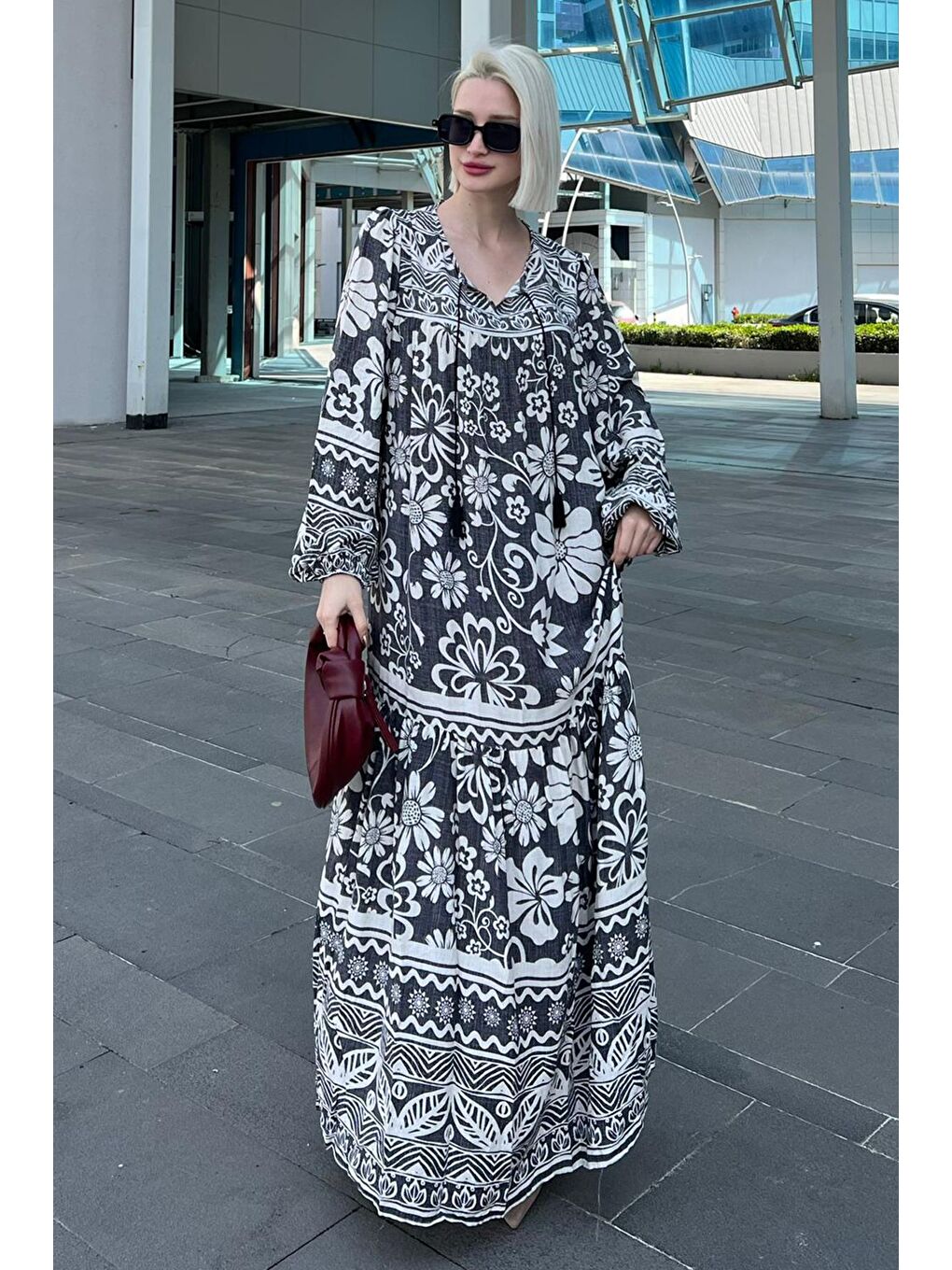 Siyah Oversize Desenli Uzun Elbise Mg2055-3