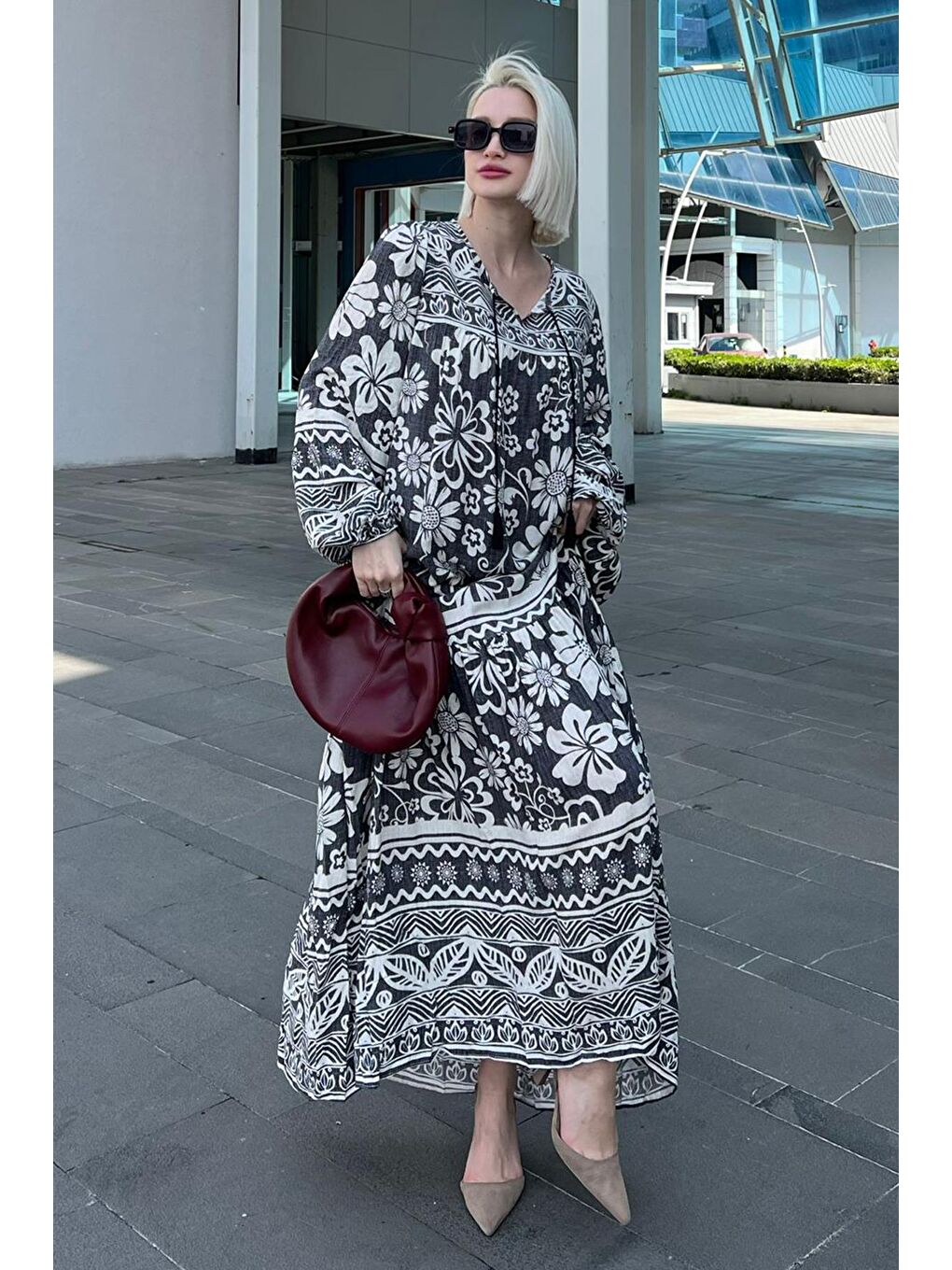 Siyah Oversize Desenli Uzun Elbise Mg2055-4