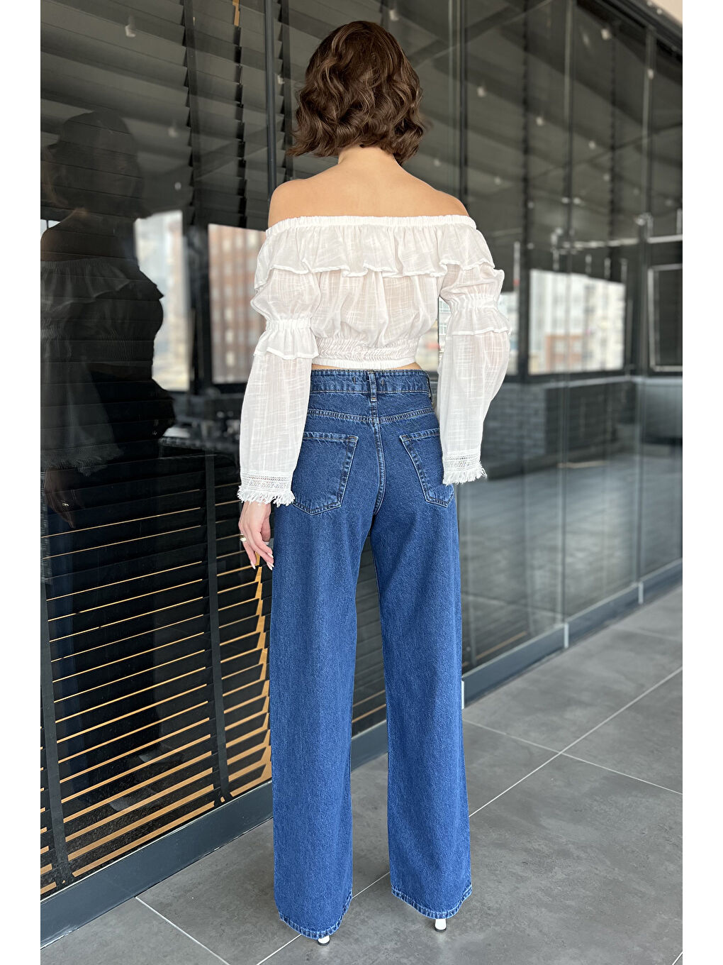 Lacivert Kadın Bol Paça Yüksek Bel Jean Pantolon-2