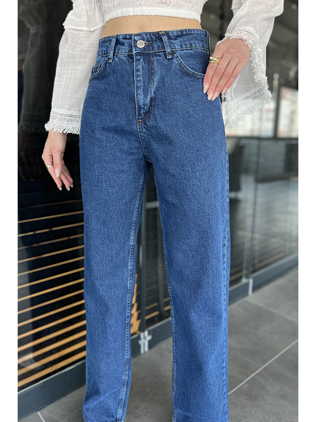 Lacivert Kadın Bol Paça Yüksek Bel Jean Pantolon-3