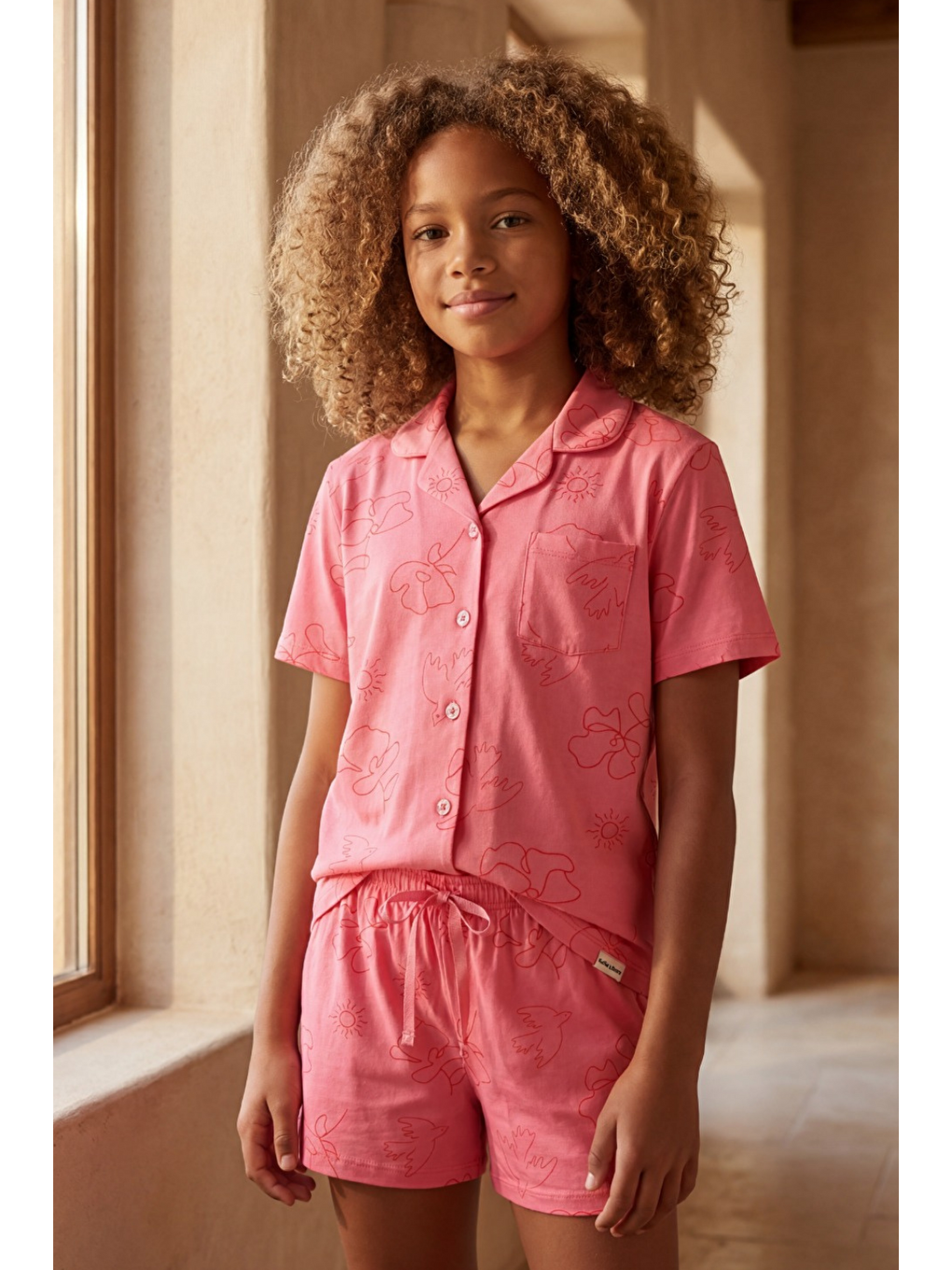 Floral Outburst Desenli Düğmeli Pembe Kız Çocuk Şort Takım-1