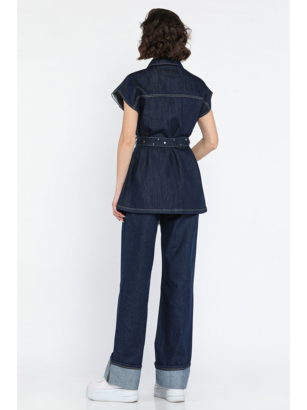 Lacivert Zımba Detaylı Kuşaklı Yelek Duble Paça Pantolon Kadın Jean İkli Takım-2