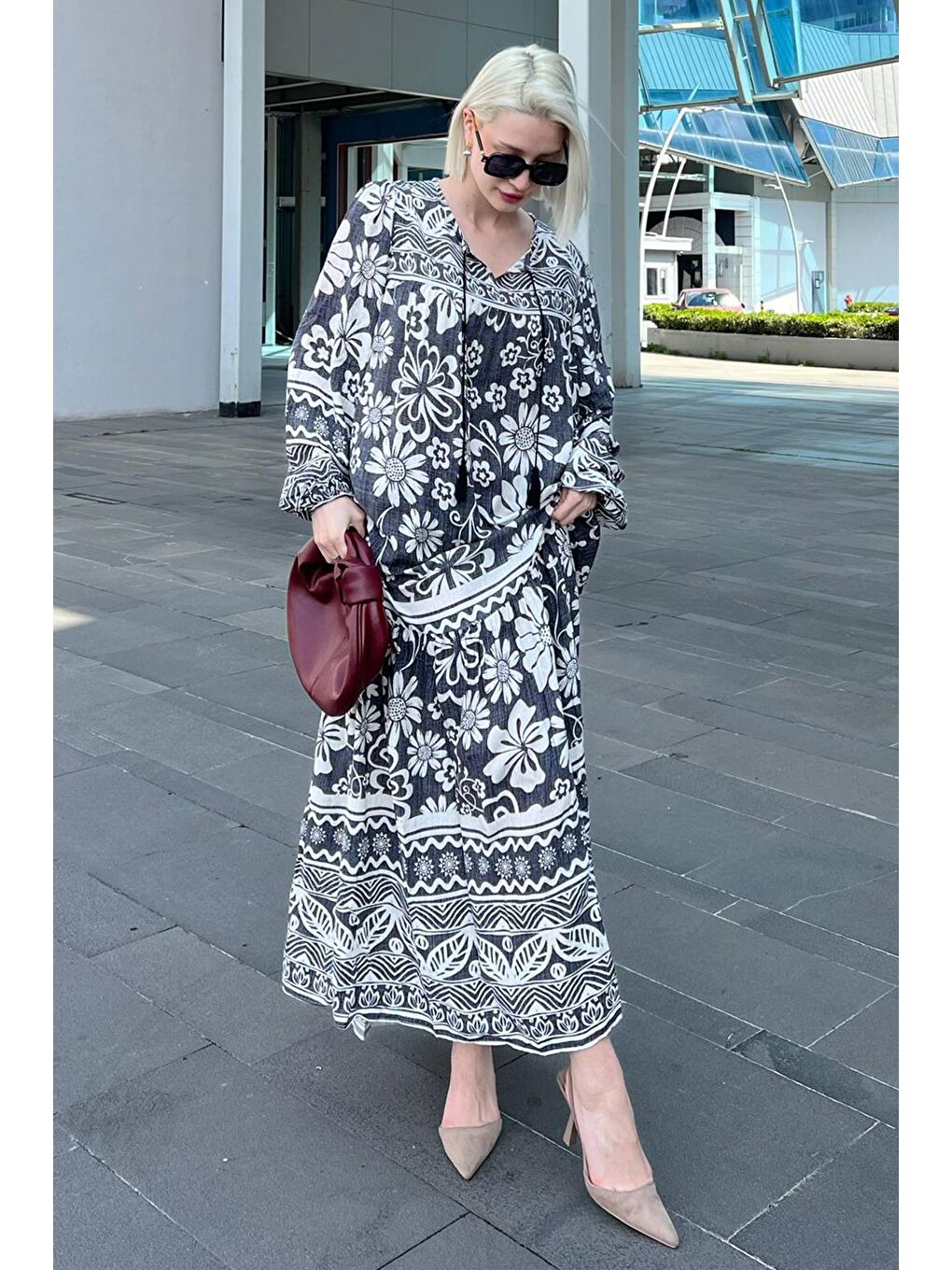 Siyah Oversize Desenli Uzun Elbise Mg2055-5