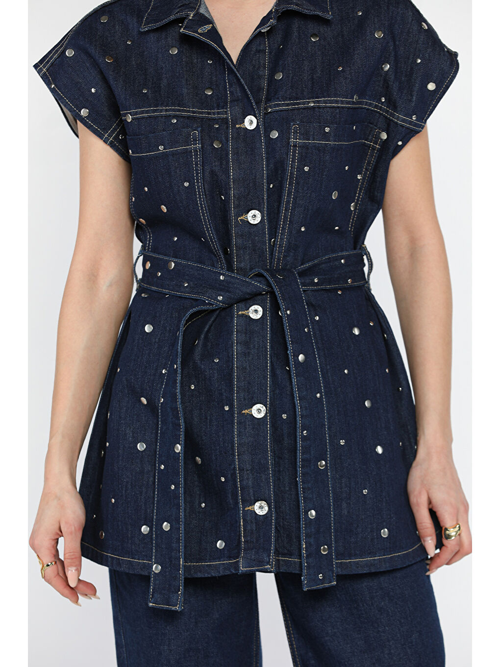 Lacivert Zımba Detaylı Kuşaklı Yelek Duble Paça Pantolon Kadın Jean İkli Takım-3