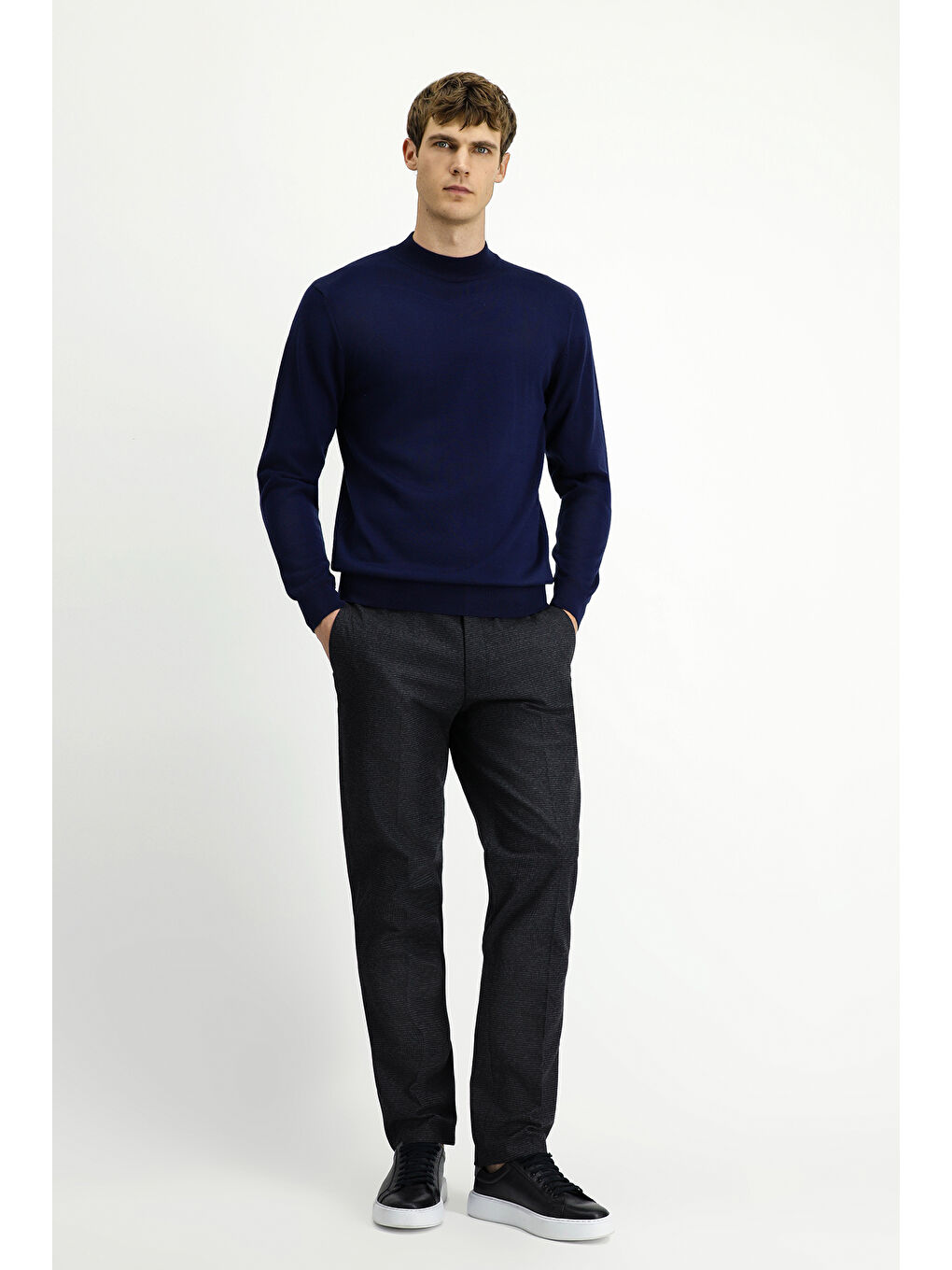 Lacivert Yarım Balıkçı Yaka Regular Fit Yünlü Basic Örme Triko Kazak-1