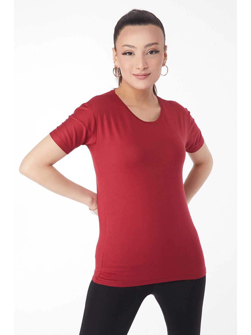 TOFİSA Bordo Düz Bisiklet Yaka Kadın Bordo Kısa Kollu Baskısız T-shirt - 24764