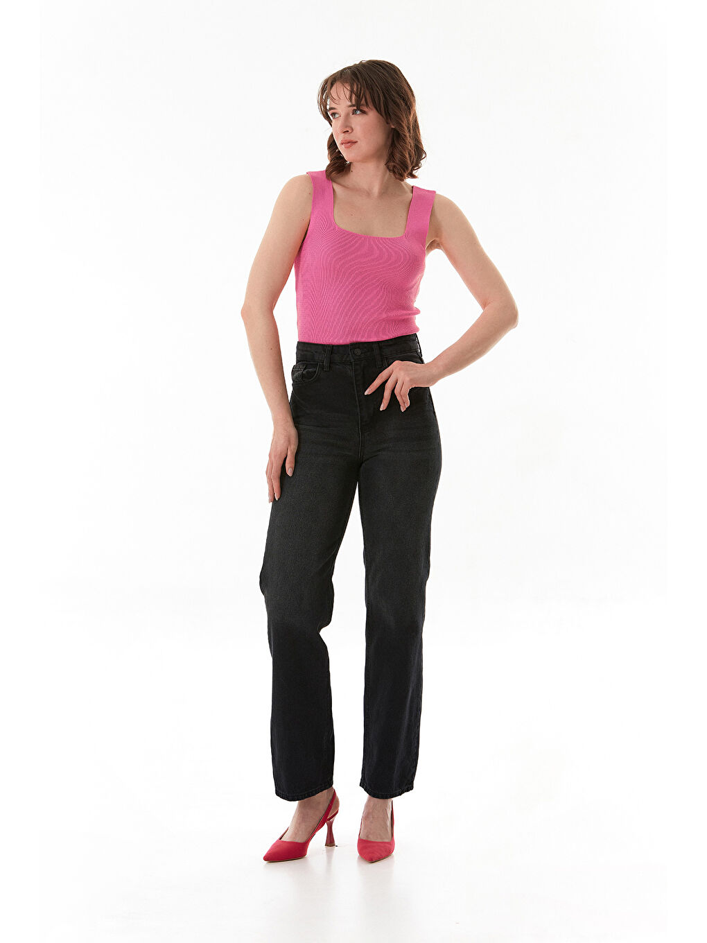 Pembe Basic Kare Yaka Triko Bluz-1