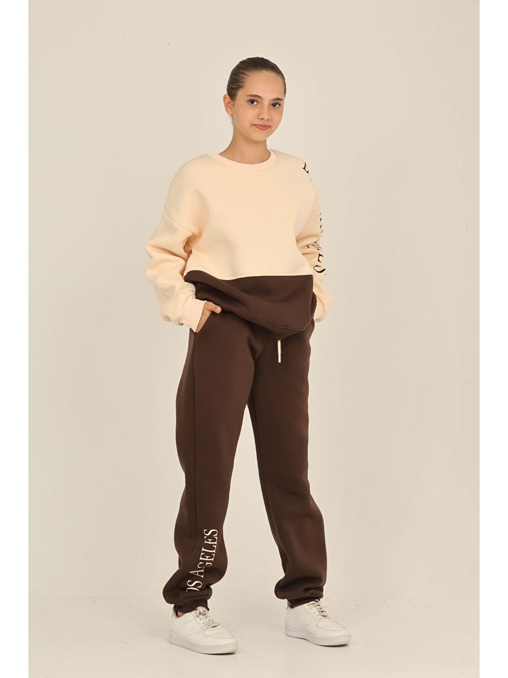 Kahverengi Kız Çocuk Los Angeles Baskılı Eşofman Takım-1