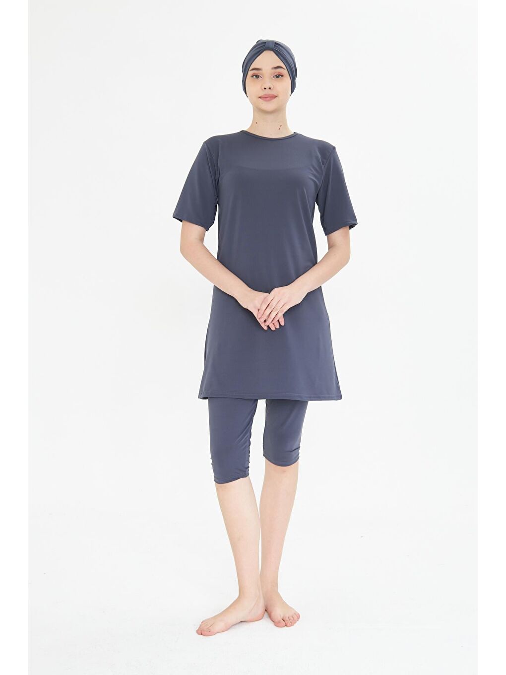 Kısa Kollu Elastanlı Yarı Kapalı Tesettür Mayo Antrasit 3484-A