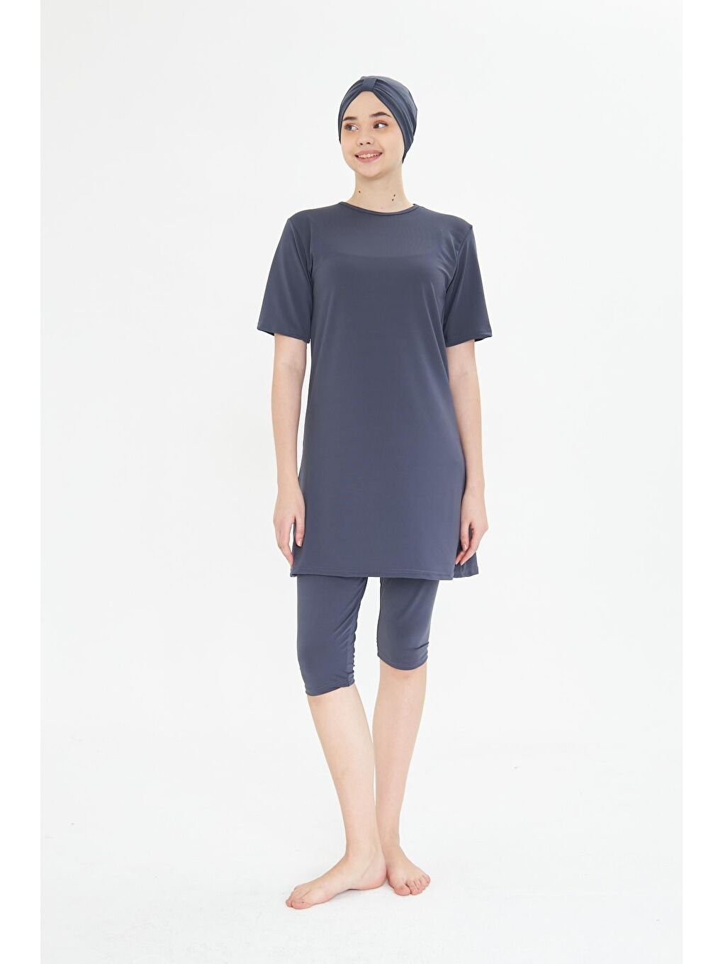 Kısa Kollu Elastanlı Yarı Kapalı Tesettür Mayo Antrasit 3484-A-1