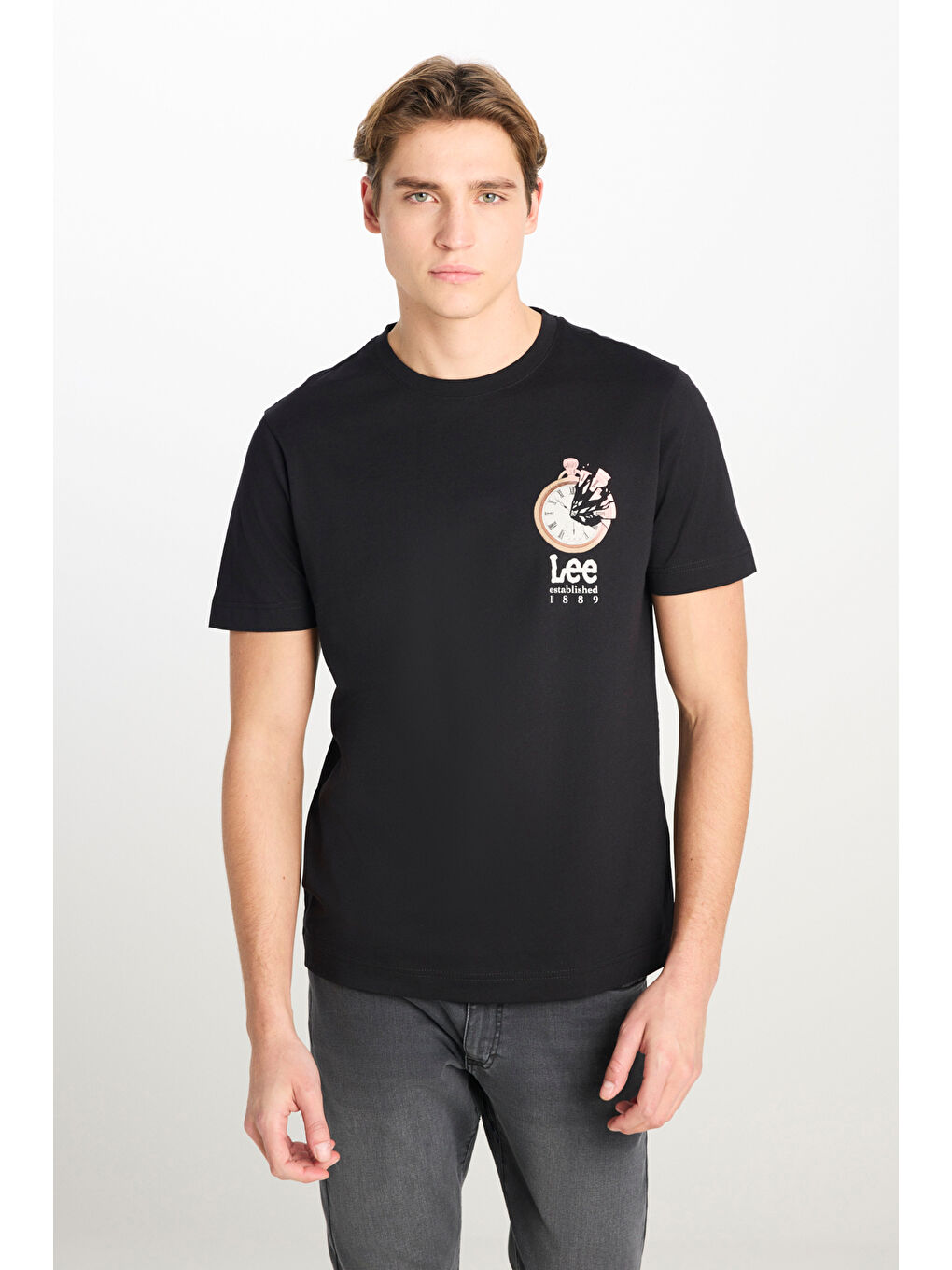 %100 Pamuk Regular Fit Normal Kesim Bisiklet Yaka Baskılı Siyah Tişört-1