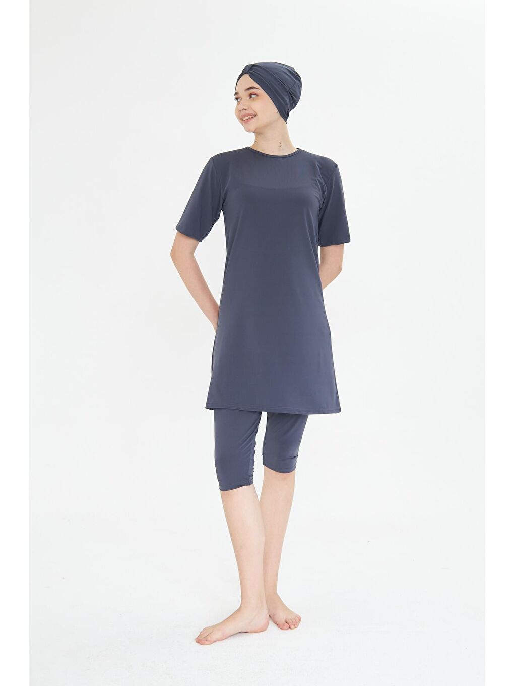 Kısa Kollu Elastanlı Yarı Kapalı Tesettür Mayo Antrasit 3484-A-3