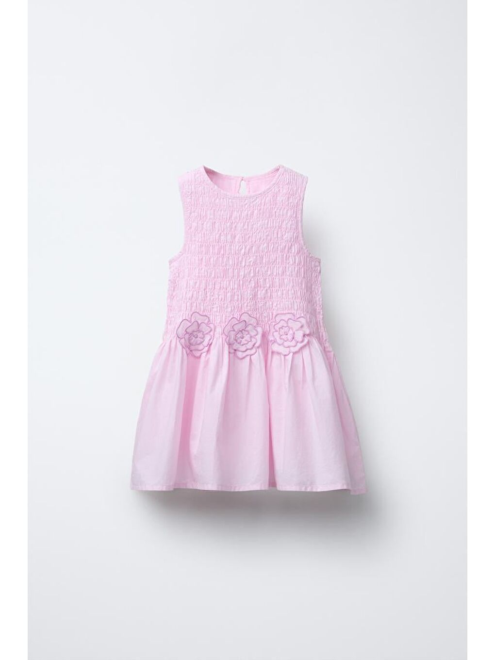 Kız Çocuk Pamuklu Pembe Çiçek Aplikeli Kat Etekli Elbise - Yazlık Kolsuz Model-1