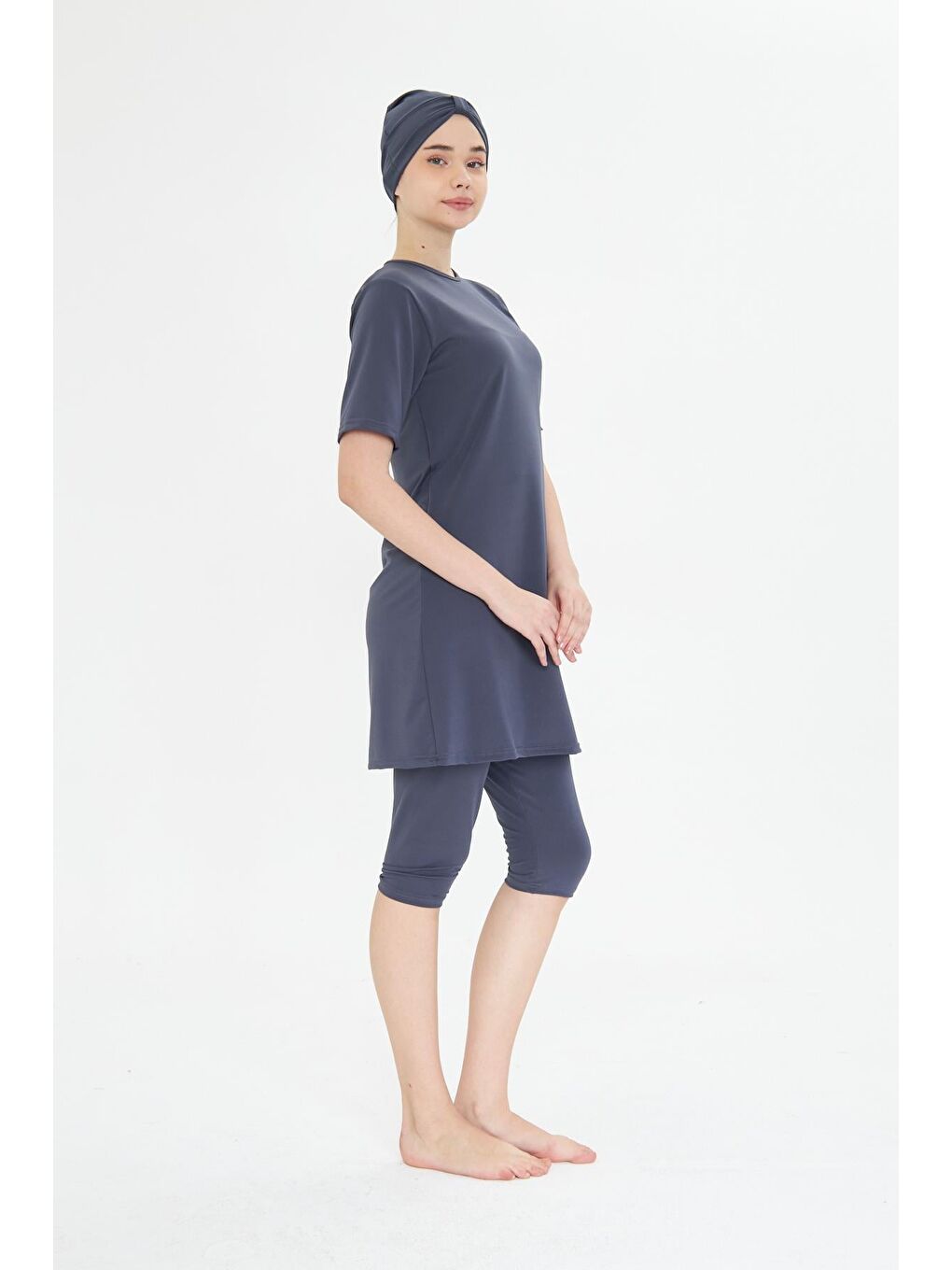 Kısa Kollu Elastanlı Yarı Kapalı Tesettür Mayo Antrasit 3484-A-4