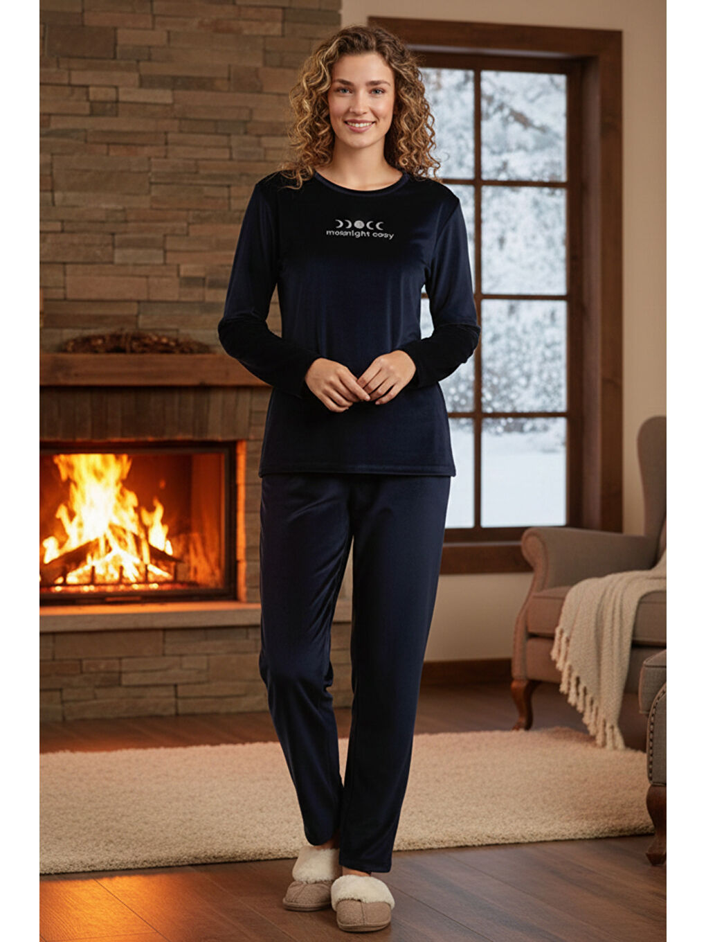 Kadın Kadife Kumaş Pijama Takımı 13165-2538 Lacivert01-1