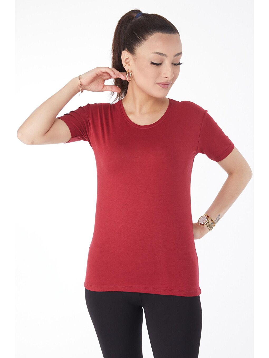 TOFİSA Bordo Düz Bisiklet Yaka Kadın Bordo Kısa Kollu Baskısız T-shirt - 24764 - 1