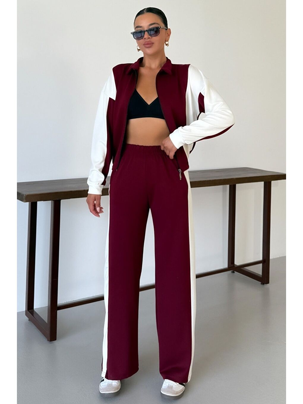 Kadın Bordo Kalın Beyaz Yan Çizgili Hırka Alt-Üst Eşofman Takımı-1
