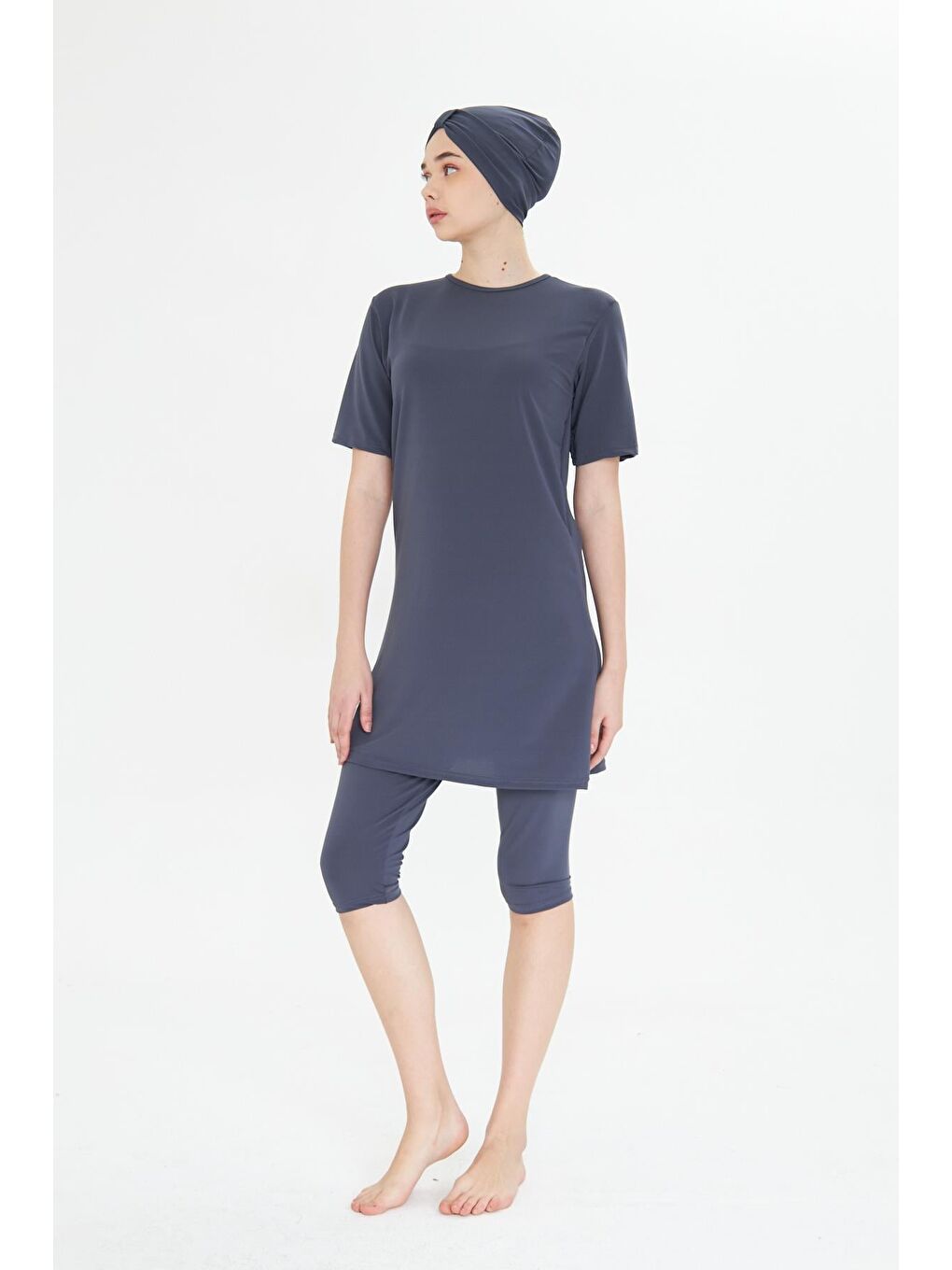 Kısa Kollu Elastanlı Yarı Kapalı Tesettür Mayo Antrasit 3484-A-6