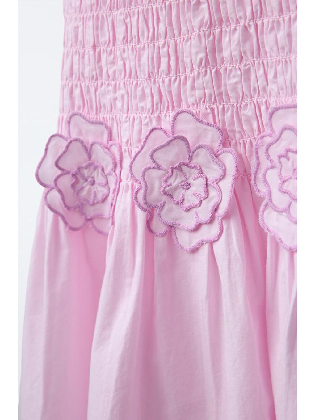 Kız Çocuk Pamuklu Pembe Çiçek Aplikeli Kat Etekli Elbise - Yazlık Kolsuz Model-3