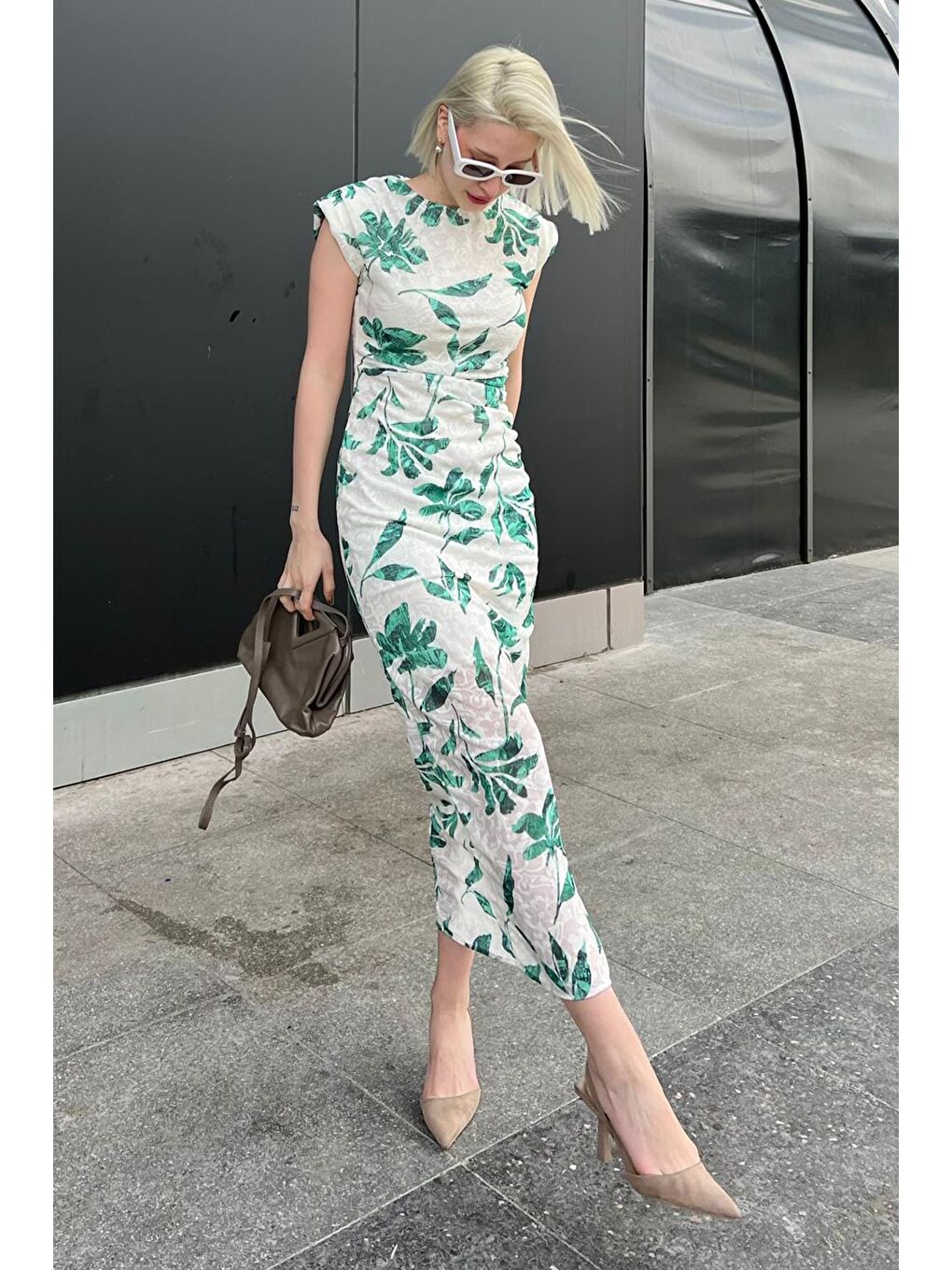 Yeşil Bisiklet Yaka Desenli Elbise Mg2054