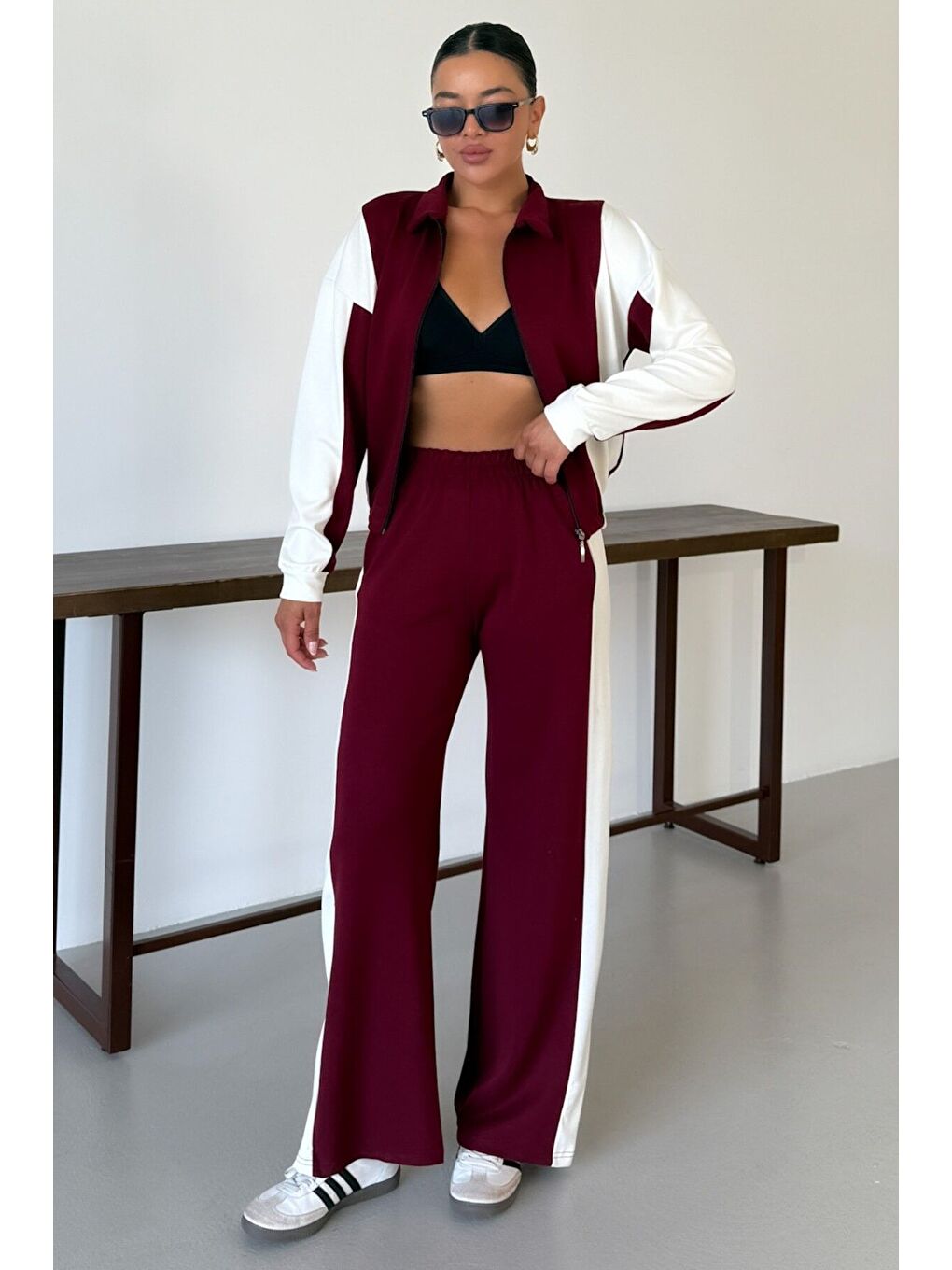 Kadın Bordo Kalın Beyaz Yan Çizgili Hırka Alt-Üst Eşofman Takımı-2