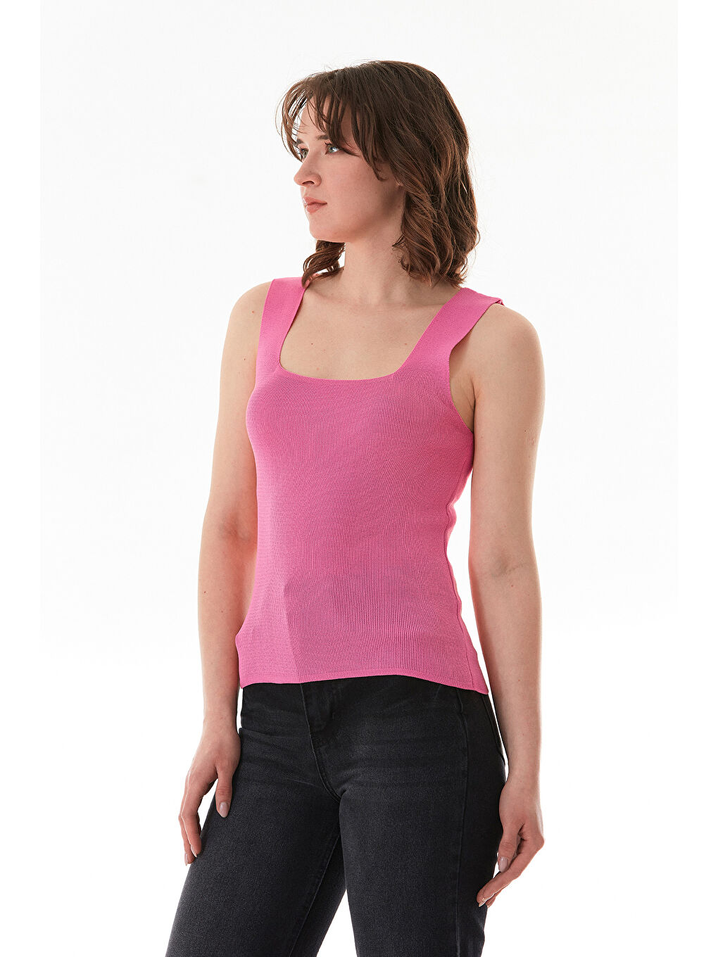 Pembe Basic Kare Yaka Triko Bluz-2