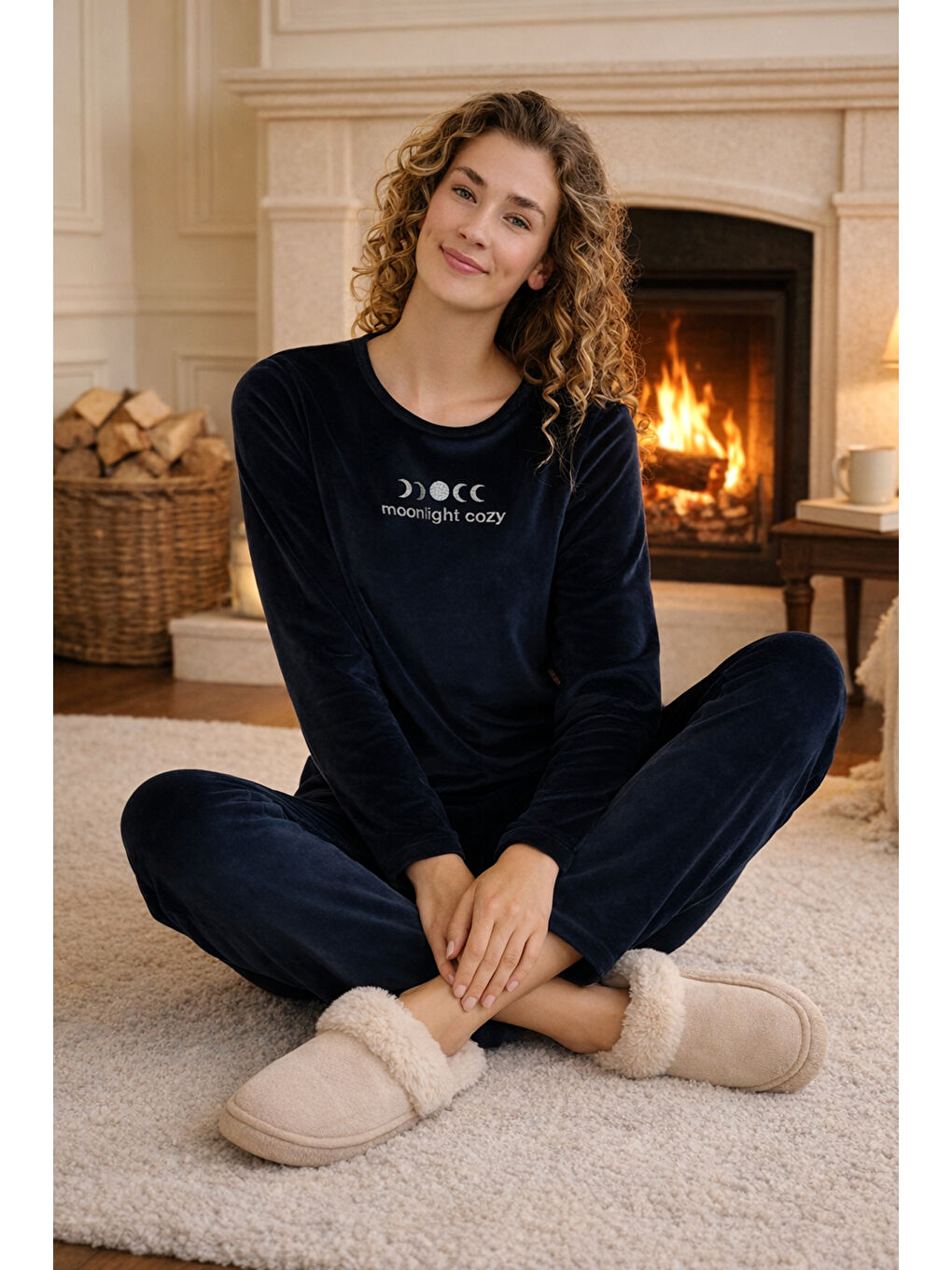 Kadın Kadife Kumaş Pijama Takımı 13165-2538 Lacivert01-2