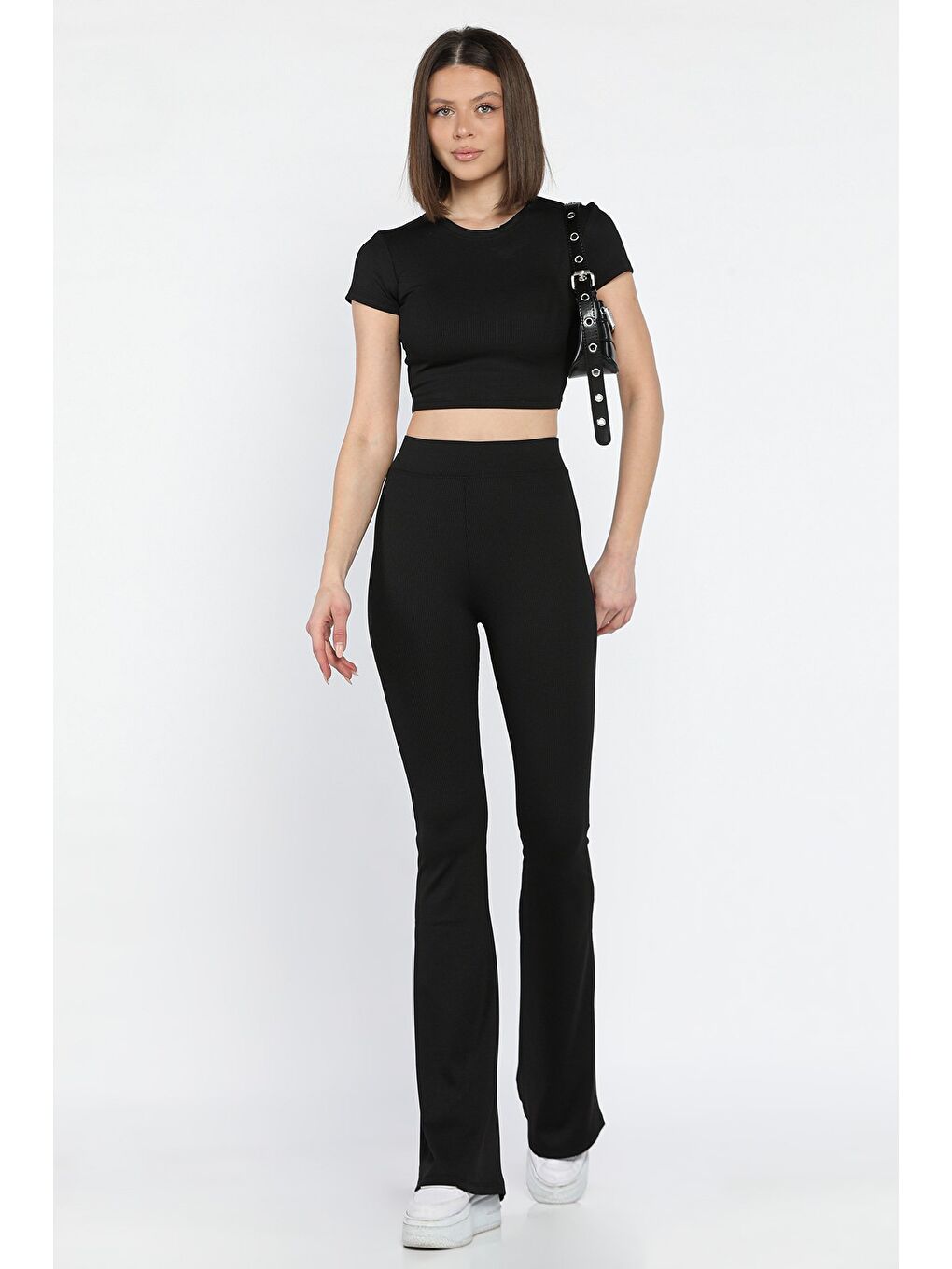 Siyah Kadın İspayol Paça Tayt Crop Fitilli İkili Takım-1
