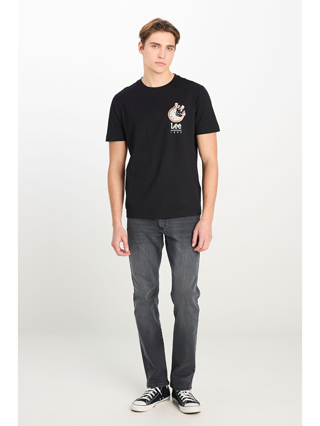 %100 Pamuk Regular Fit Normal Kesim Bisiklet Yaka Baskılı Siyah Tişört-2