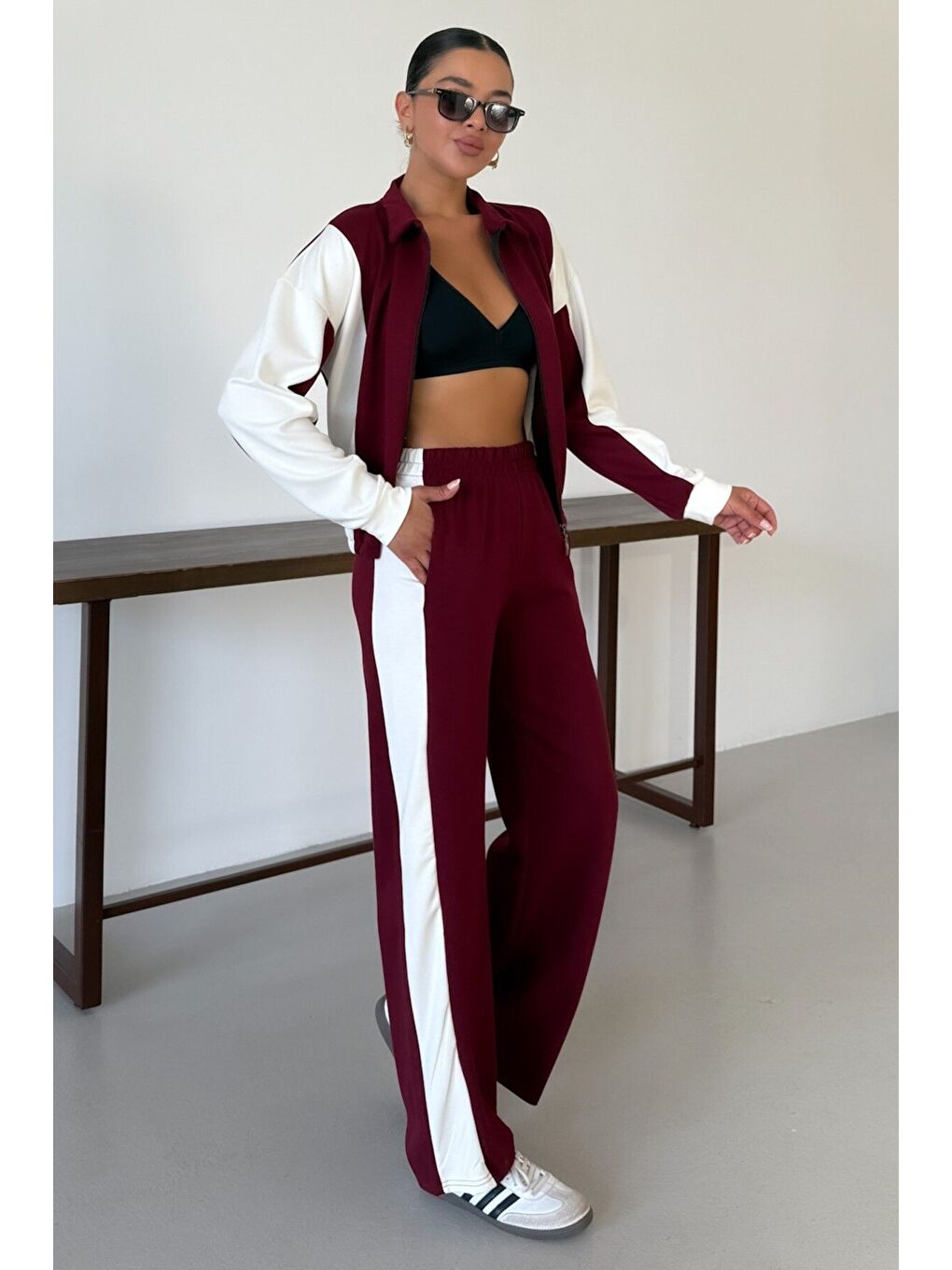 Kadın Bordo Kalın Beyaz Yan Çizgili Hırka Alt-Üst Eşofman Takımı-3