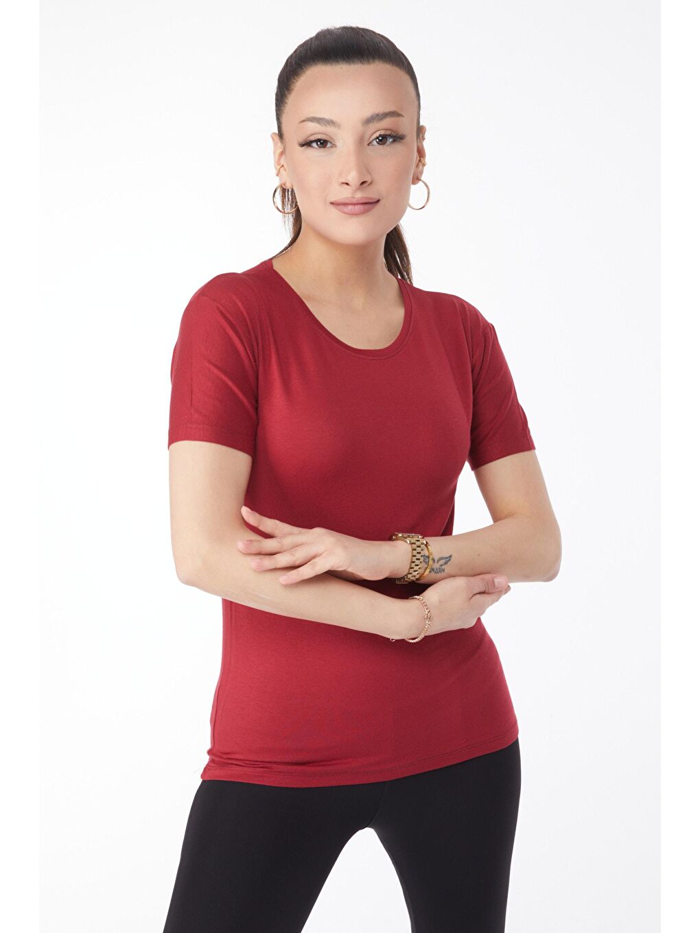 TOFİSA Bordo Düz Bisiklet Yaka Kadın Bordo Kısa Kollu Baskısız T-shirt - 24764 - 2