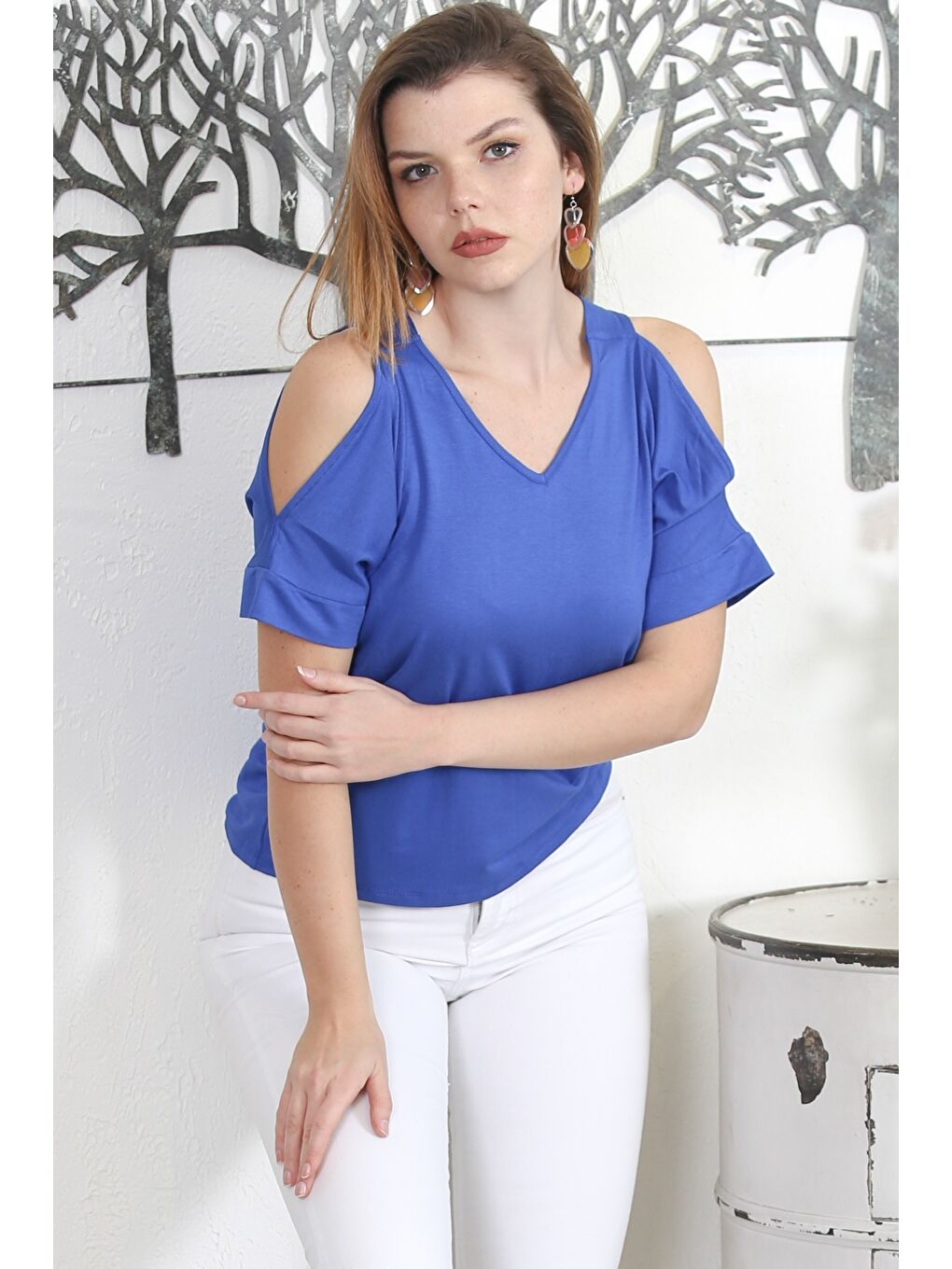 Mavi V Yaka Omzu Açık Örme Casual Bluz