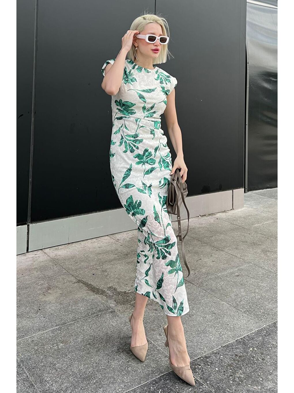 Yeşil Bisiklet Yaka Desenli Elbise Mg2054-1