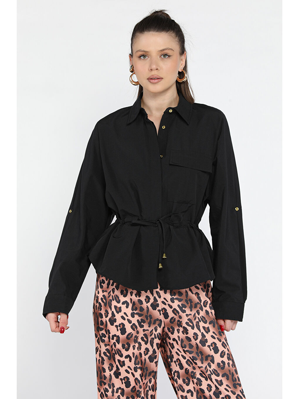 Siyah Bel Bağcıklı Uzun Kol Kadın Gömlek-1