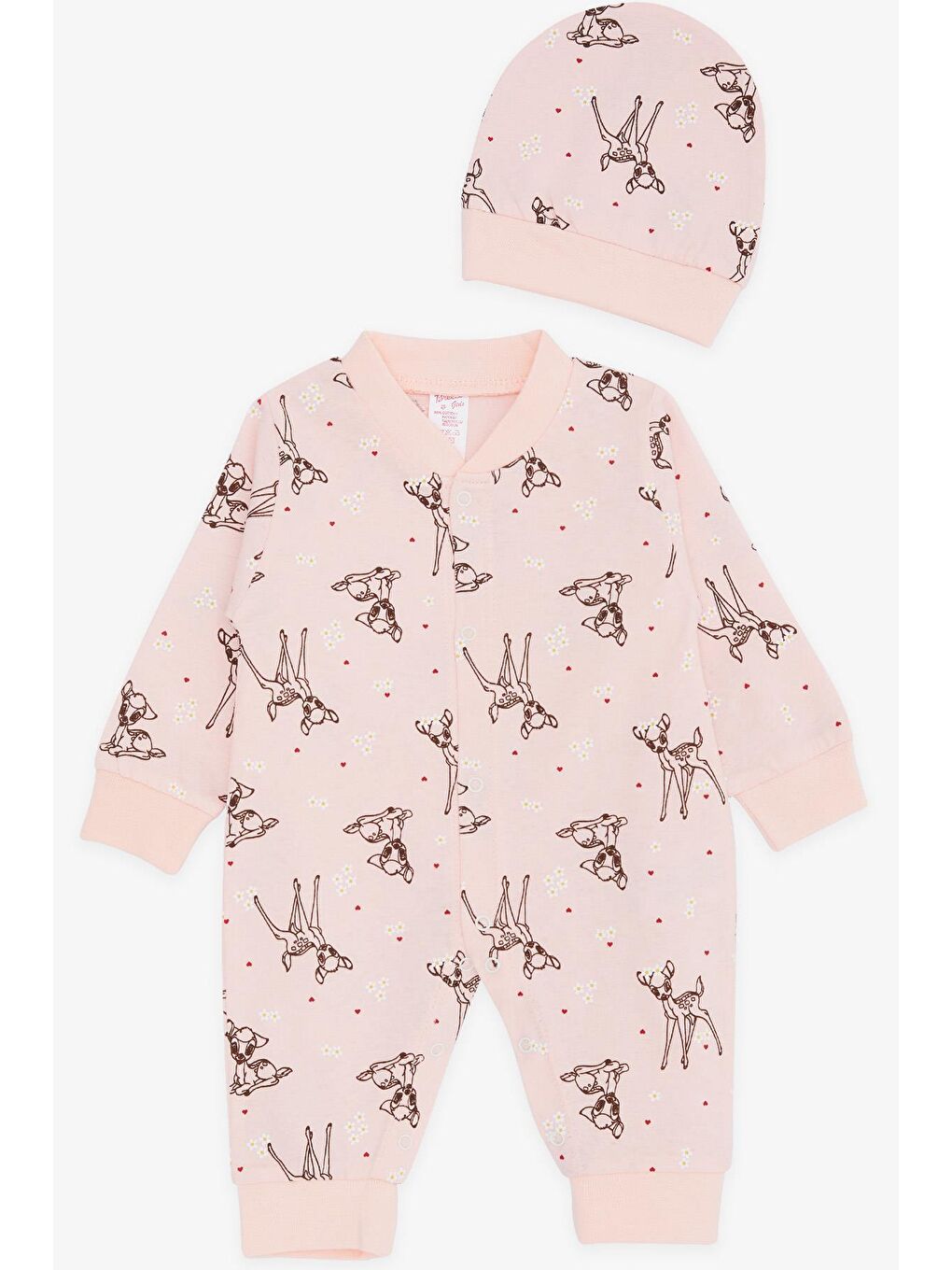 Pembe Kız Bebek Tulum Bahar Temalı Ceylancık Desenli Pudra (0-6 Ay)