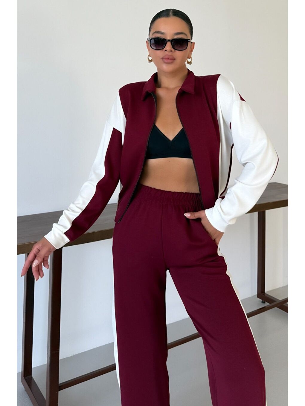 Kadın Bordo Kalın Beyaz Yan Çizgili Hırka Alt-Üst Eşofman Takımı-4