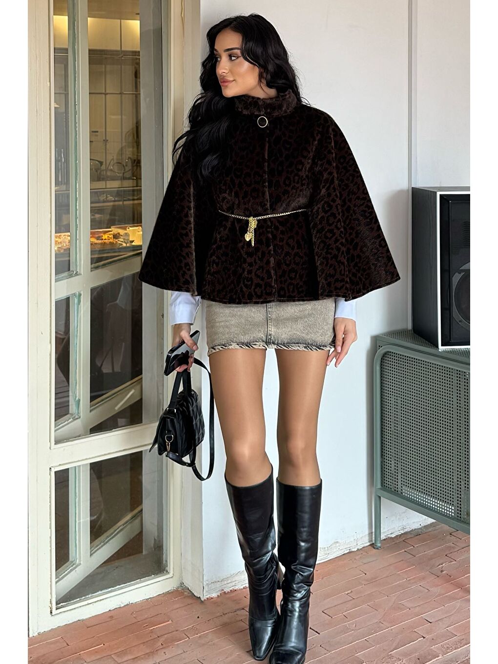 Haki Kadın Leopar Desen Su Fırçalı Kaşe Panço-1