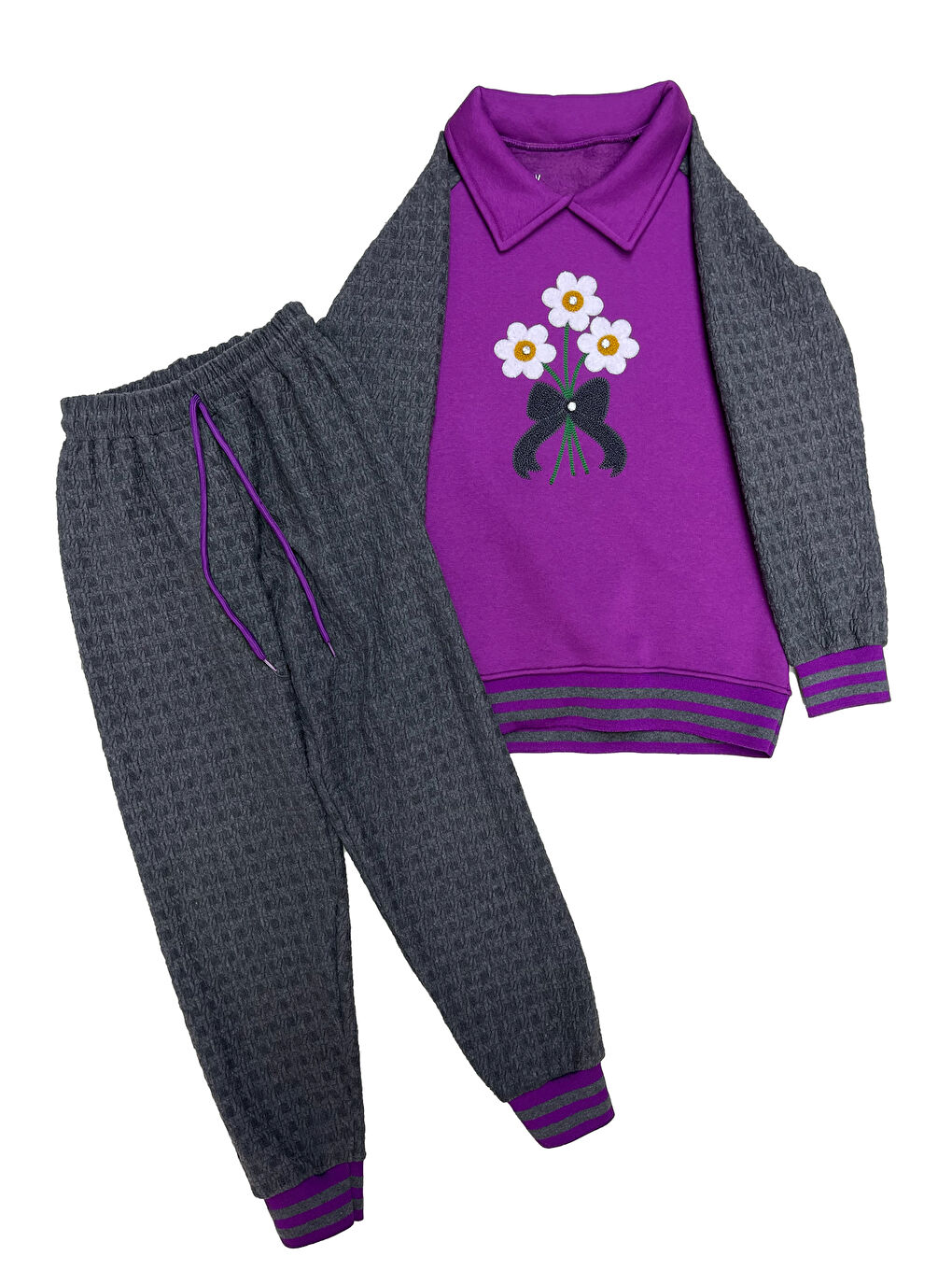 Lila Kız Çocuk Papatya Nakışlı Ribana Detaylı 3 İplik Alt- Üst Takım 12322