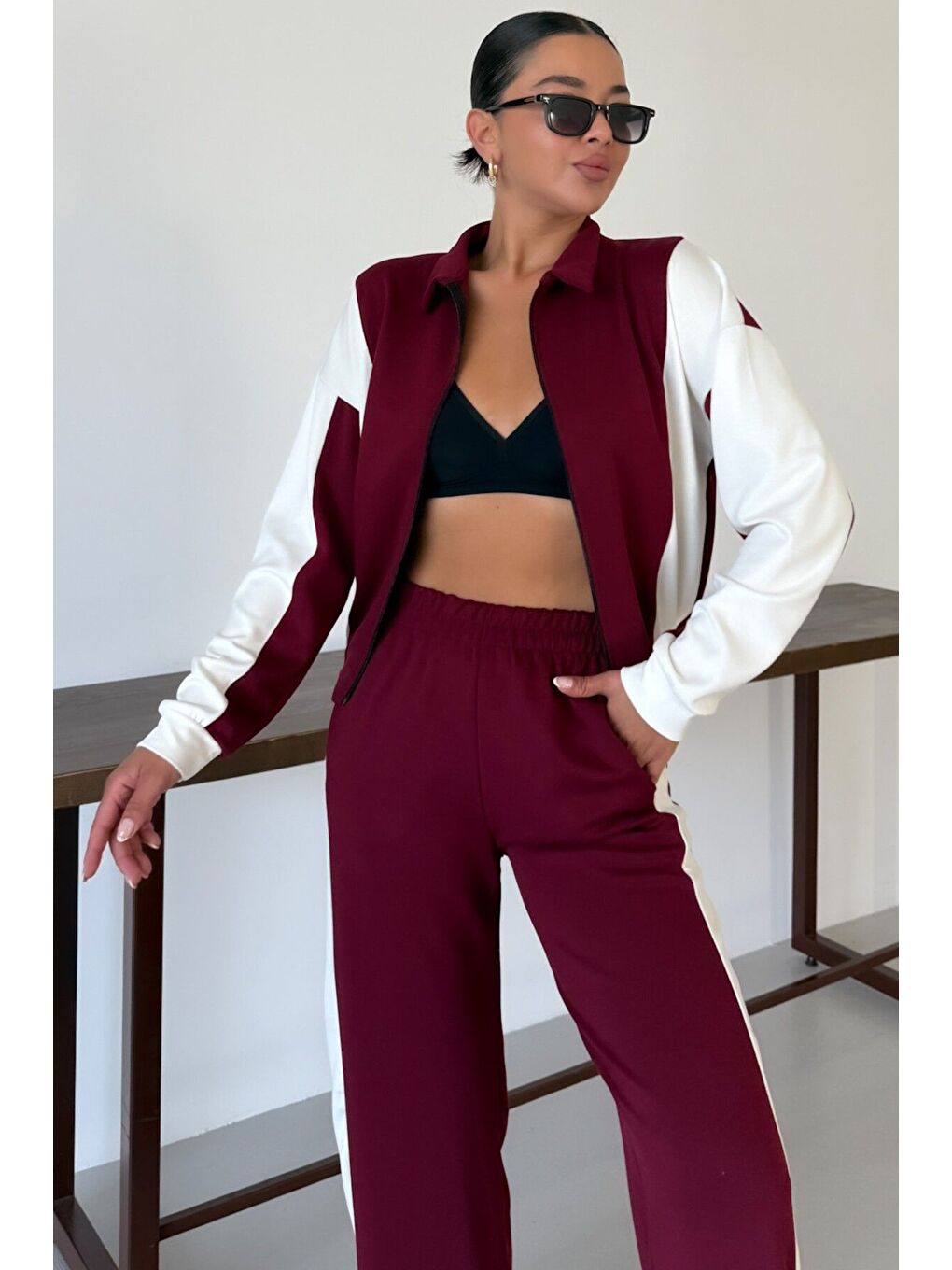 Kadın Bordo Kalın Beyaz Yan Çizgili Hırka Alt-Üst Eşofman Takımı-5