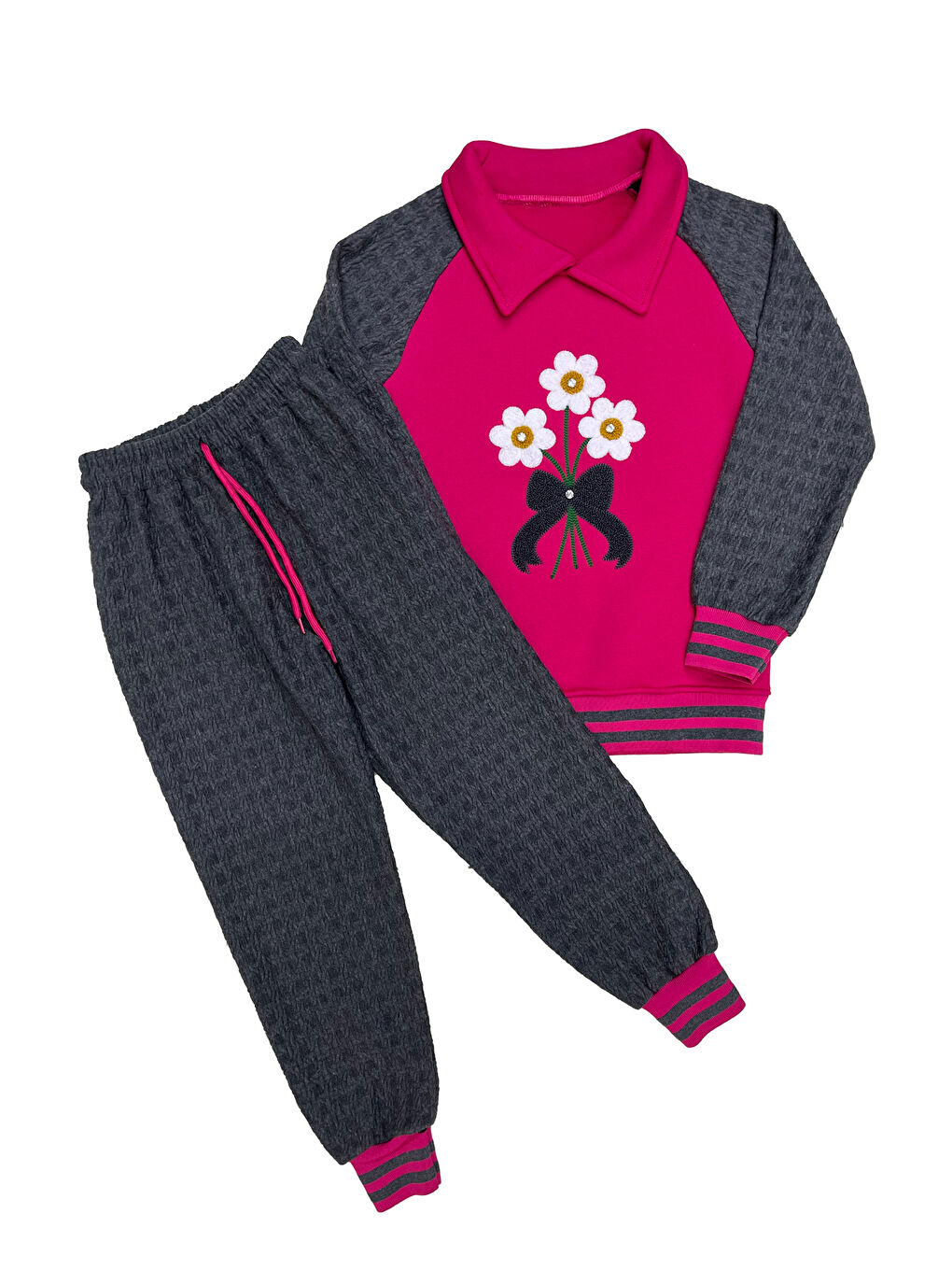 Fuşya Kız Çocuk Papatya Nakışlı Ribana Detaylı 3 İplik Alt- Üst Takım 12322