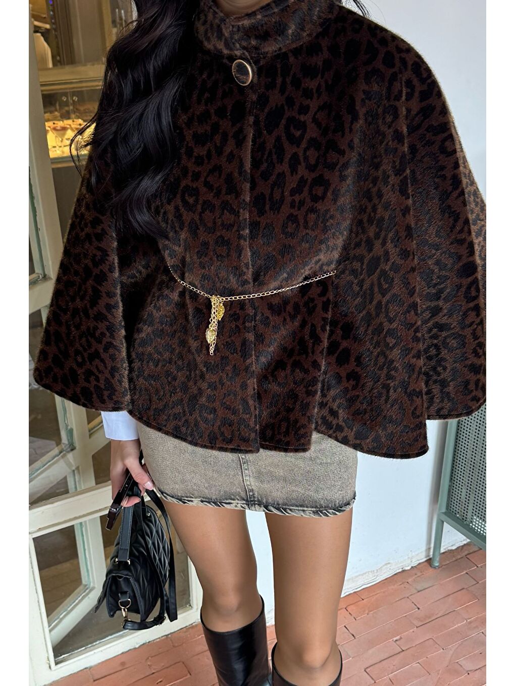 Haki Kadın Leopar Desen Su Fırçalı Kaşe Panço-2