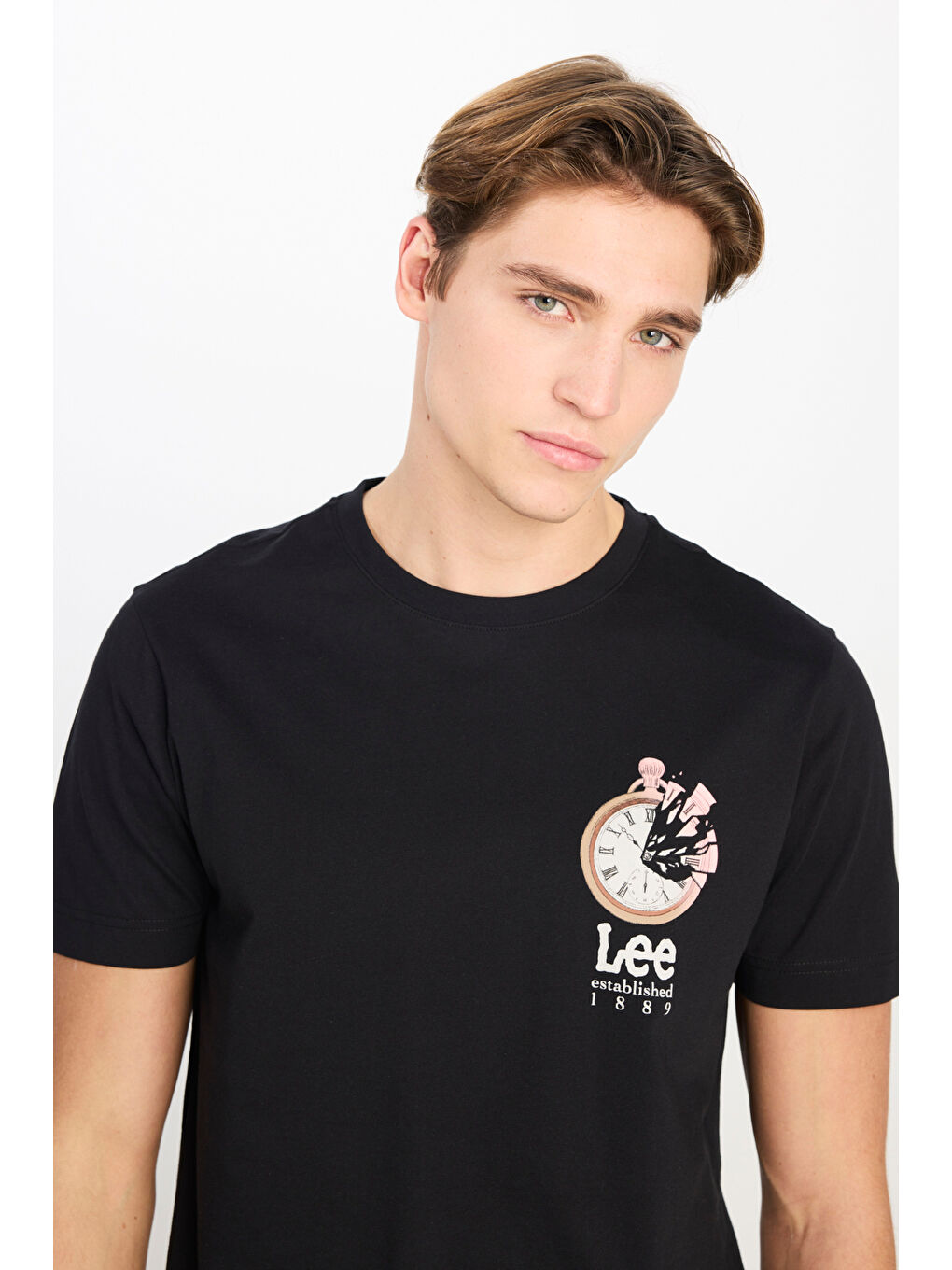 %100 Pamuk Regular Fit Normal Kesim Bisiklet Yaka Baskılı Siyah Tişört-3