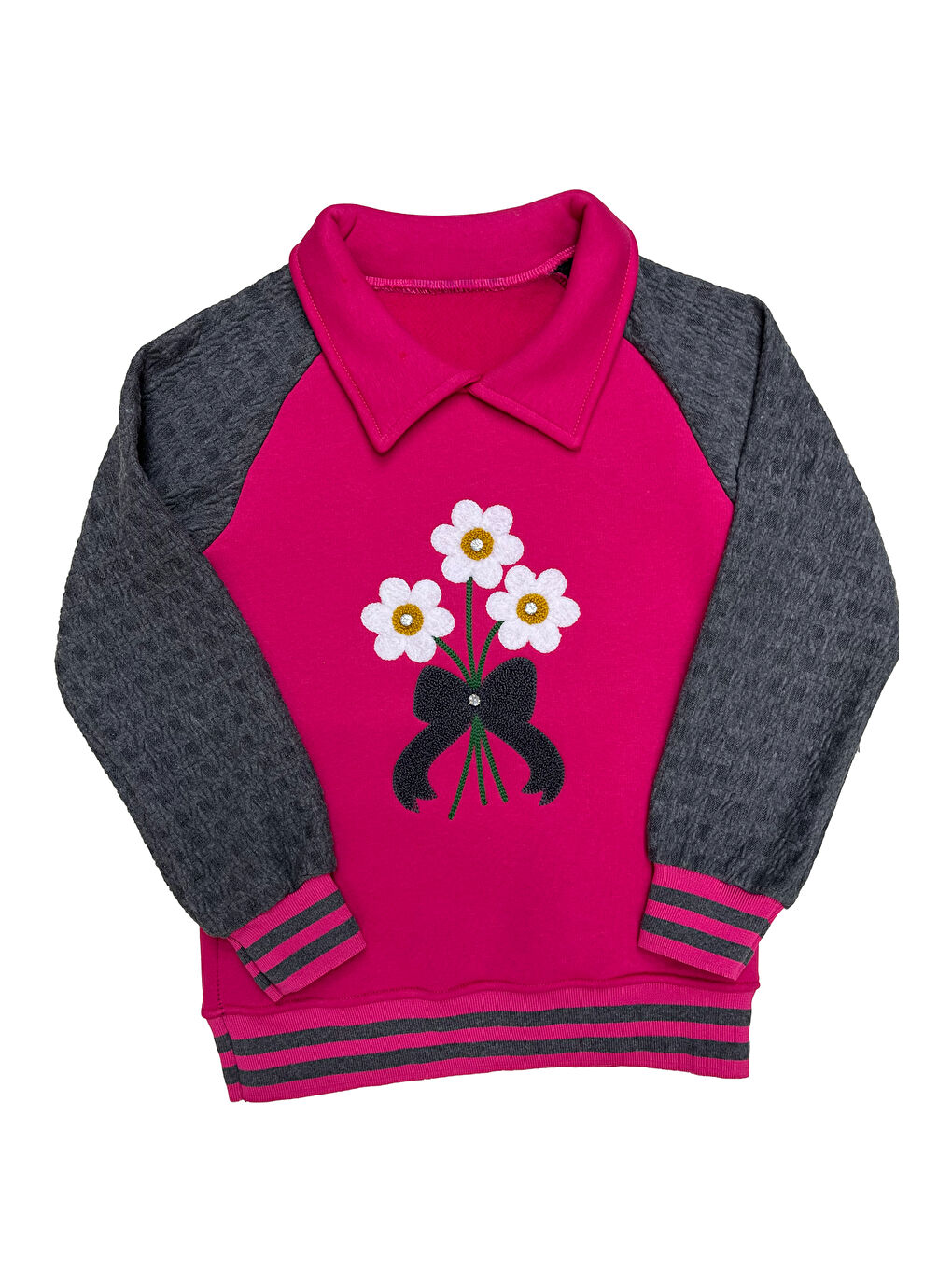 Fuşya Kız Çocuk Papatya Nakışlı Ribana Detaylı 3 İplik Alt- Üst Takım 12322-1