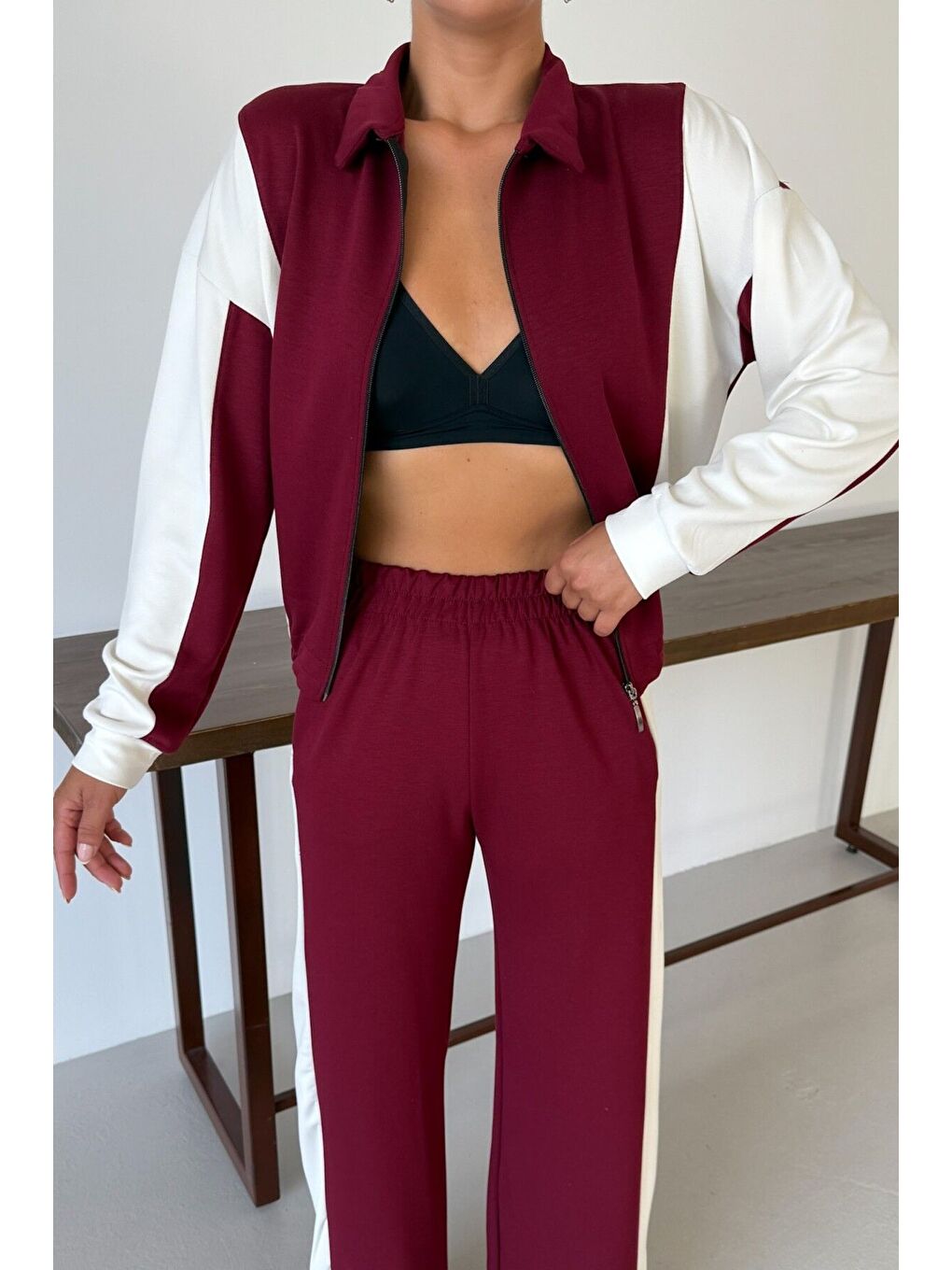 Kadın Bordo Kalın Beyaz Yan Çizgili Hırka Alt-Üst Eşofman Takımı-6