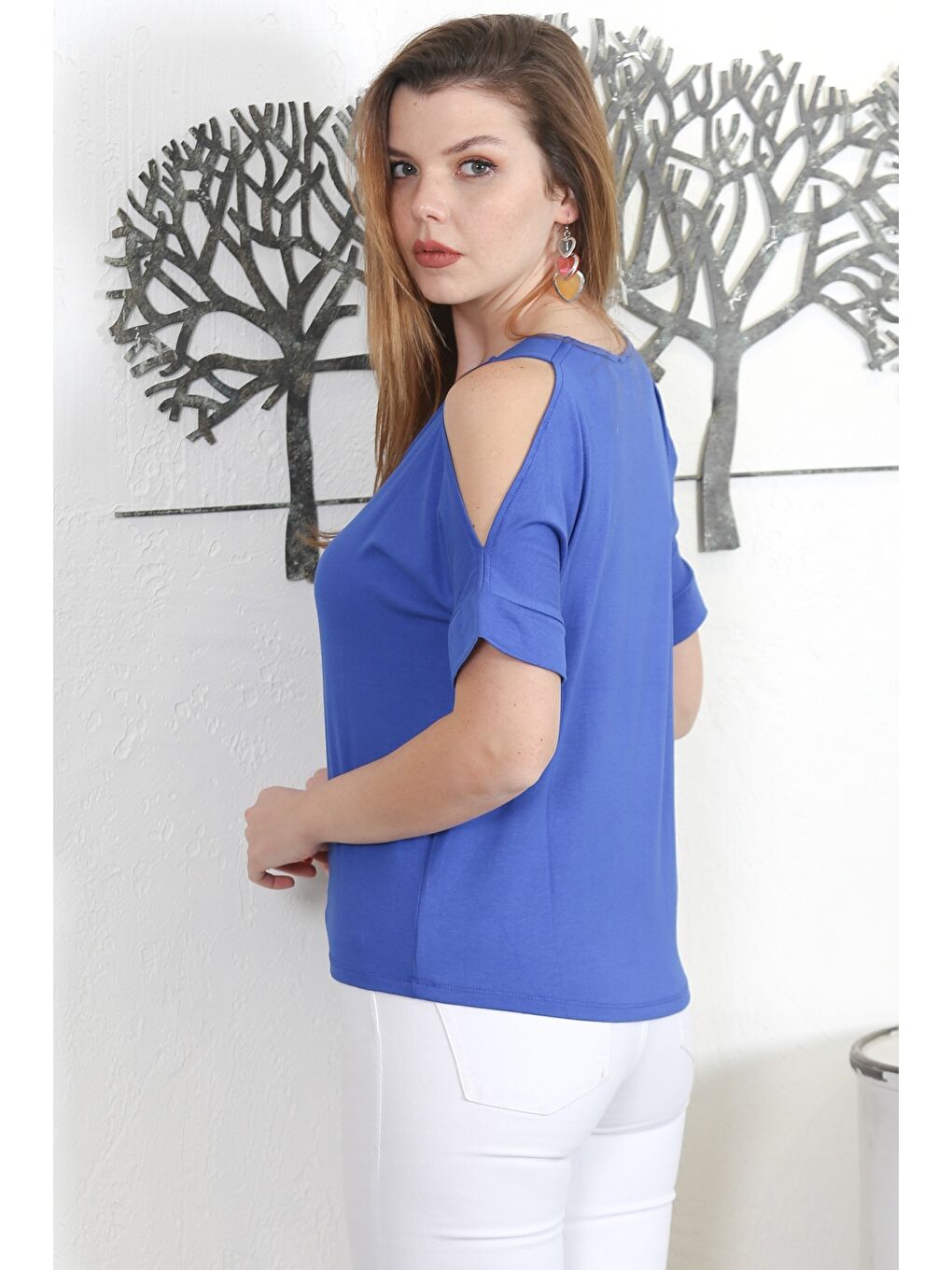 Mavi V Yaka Omzu Açık Örme Casual Bluz-4