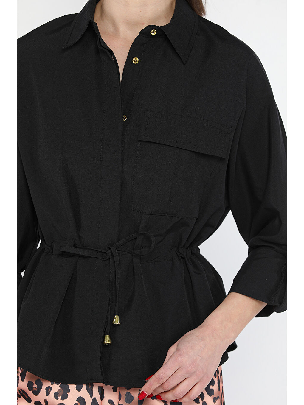 Siyah Bel Bağcıklı Uzun Kol Kadın Gömlek-3