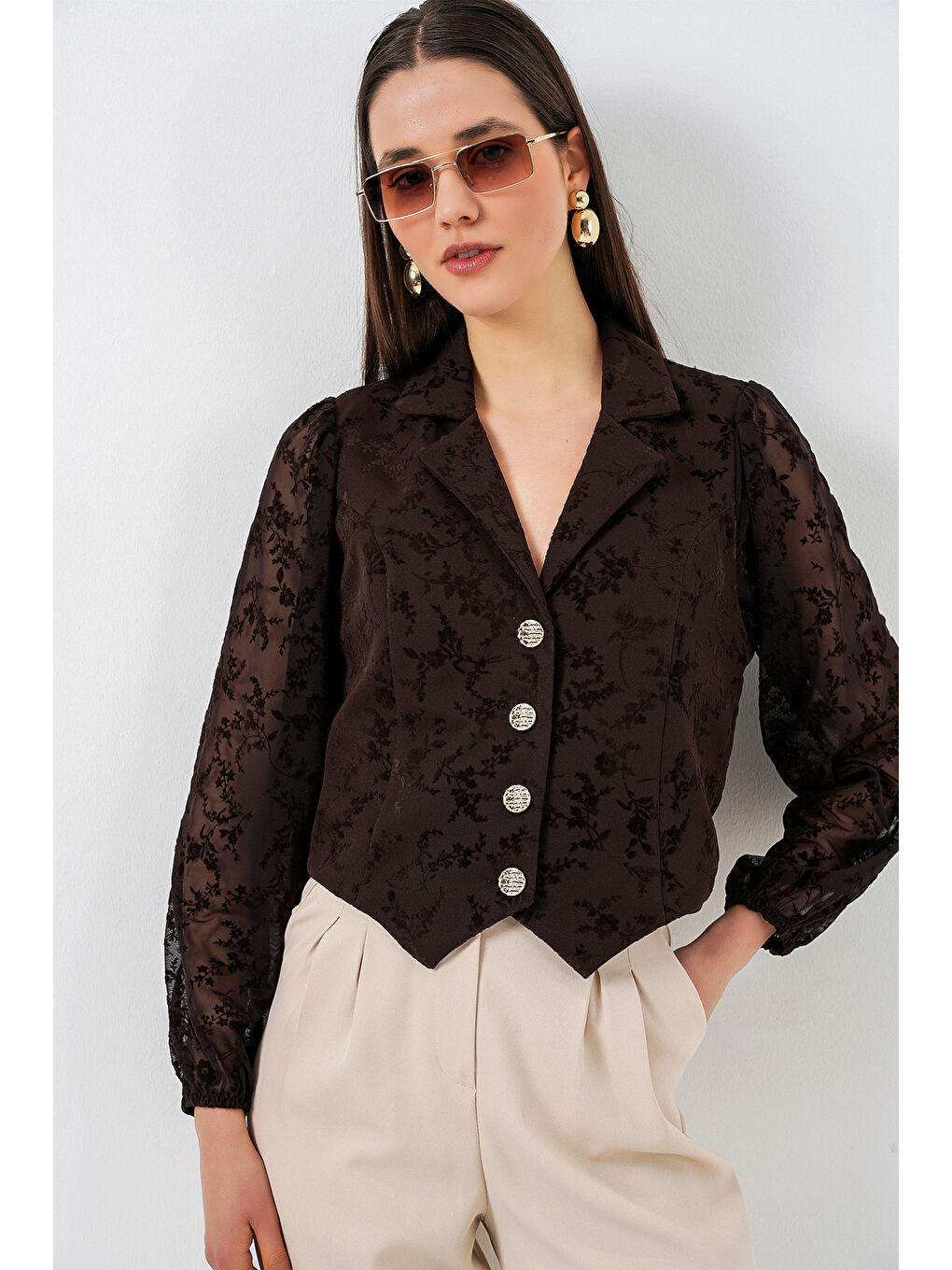 Kadın Desenli Kısa Ceket 0751 - Kahverengi-2