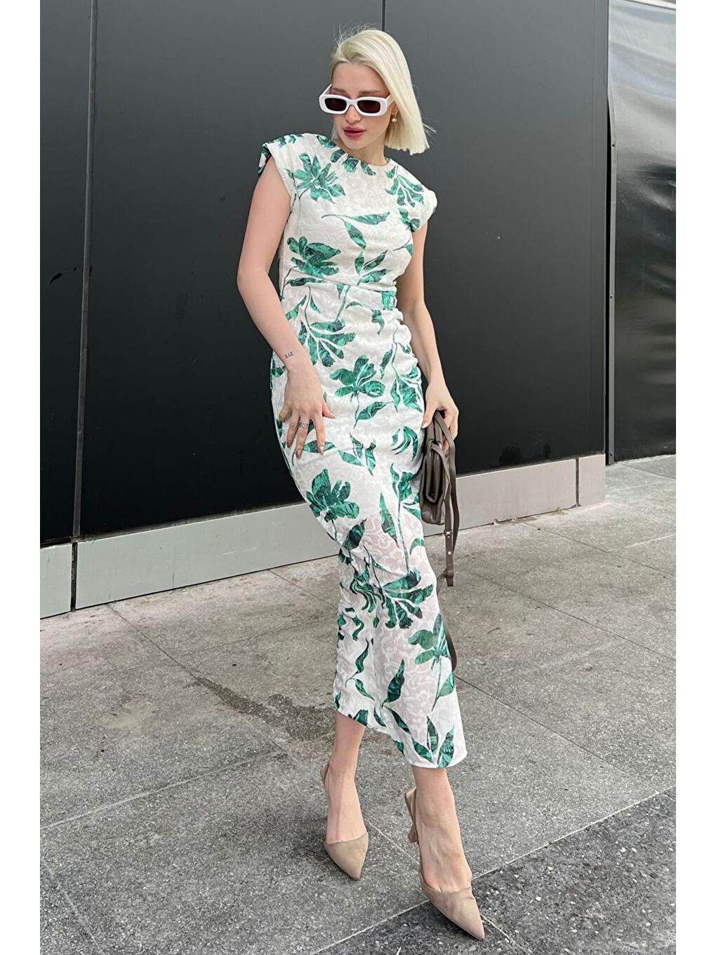 Yeşil Bisiklet Yaka Desenli Elbise Mg2054-3